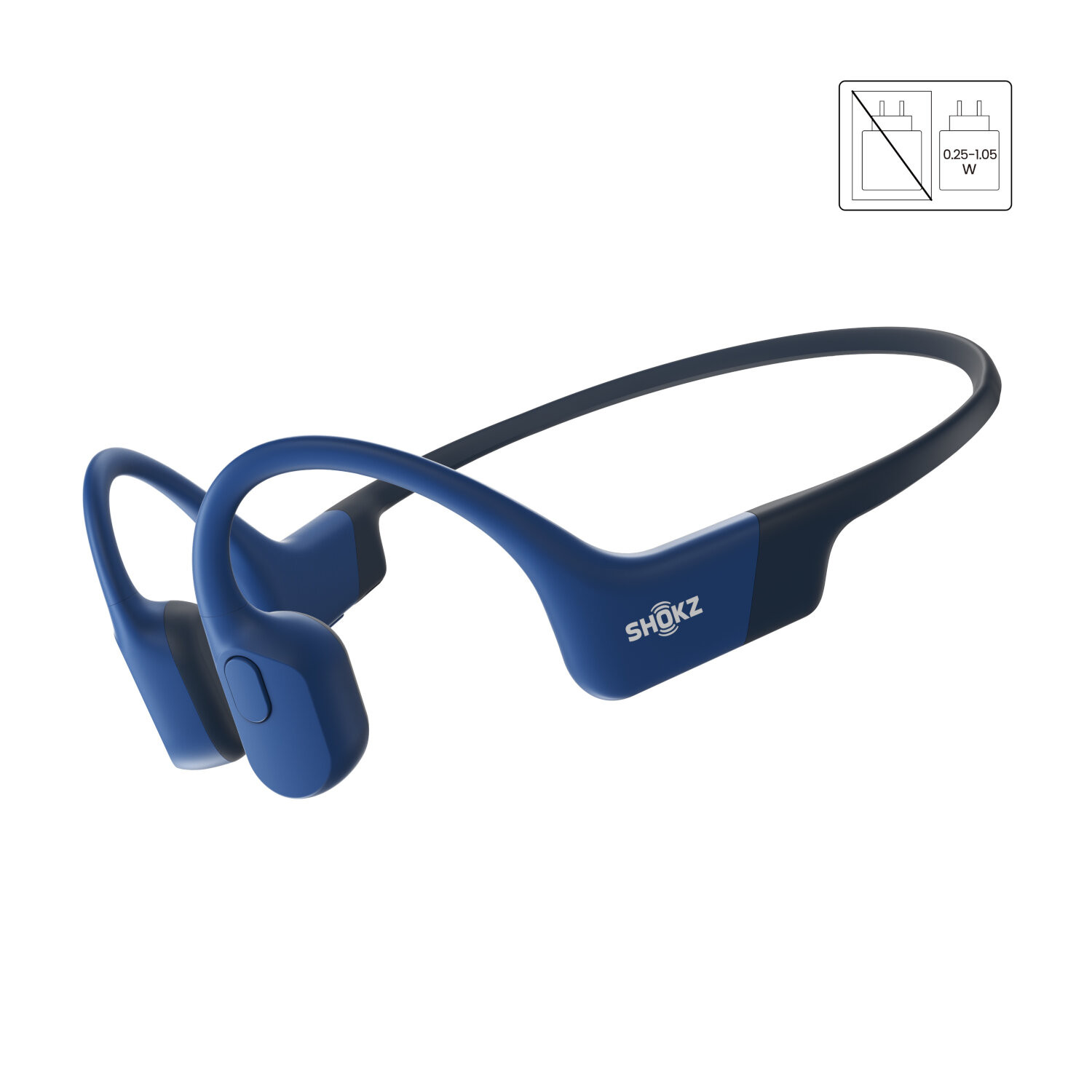 Casque à conduction osseuse bleu avec fond blanc et texte.