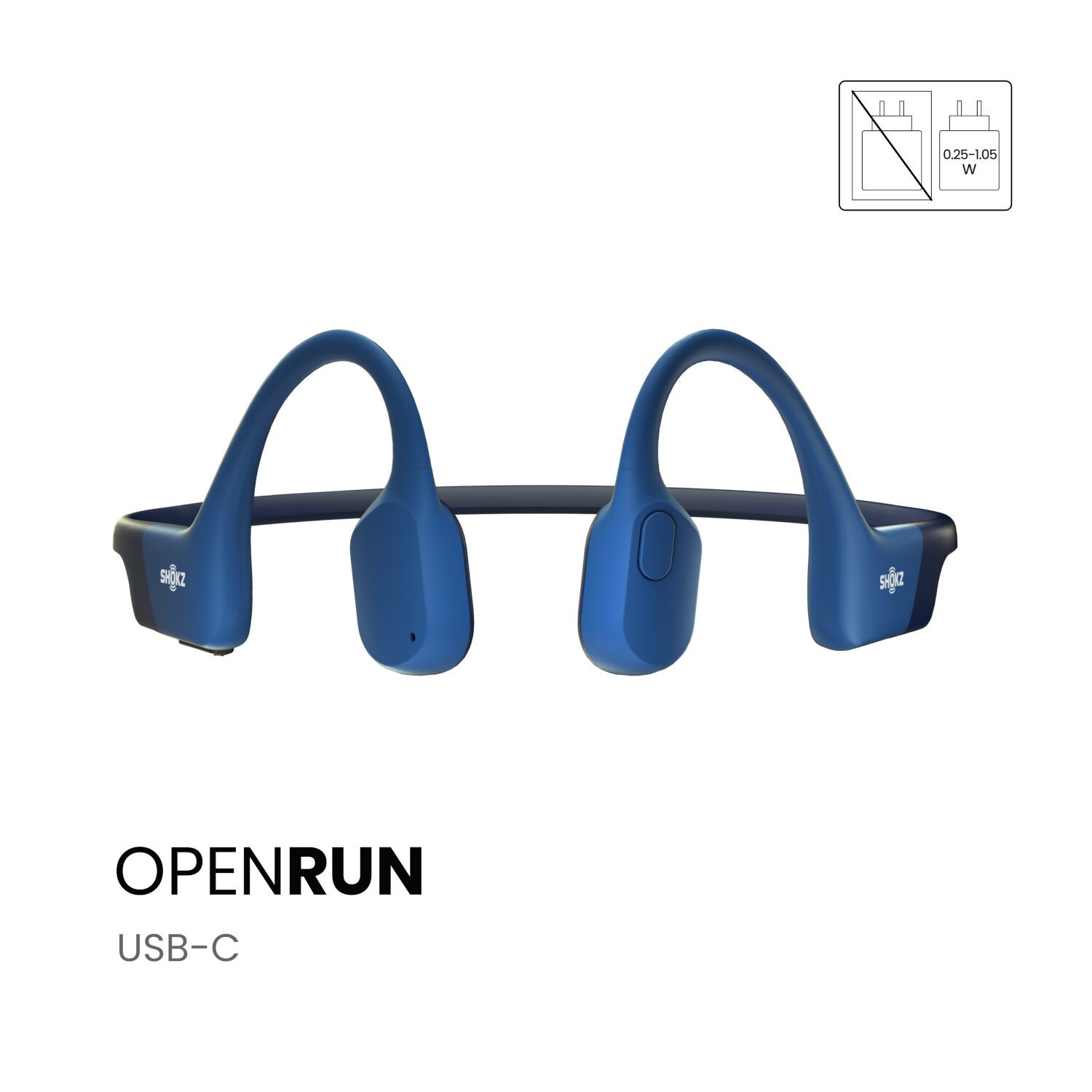 Casque à conduction osseuse Shokz OpenRun bleu. Le design est sur un fond blanc.