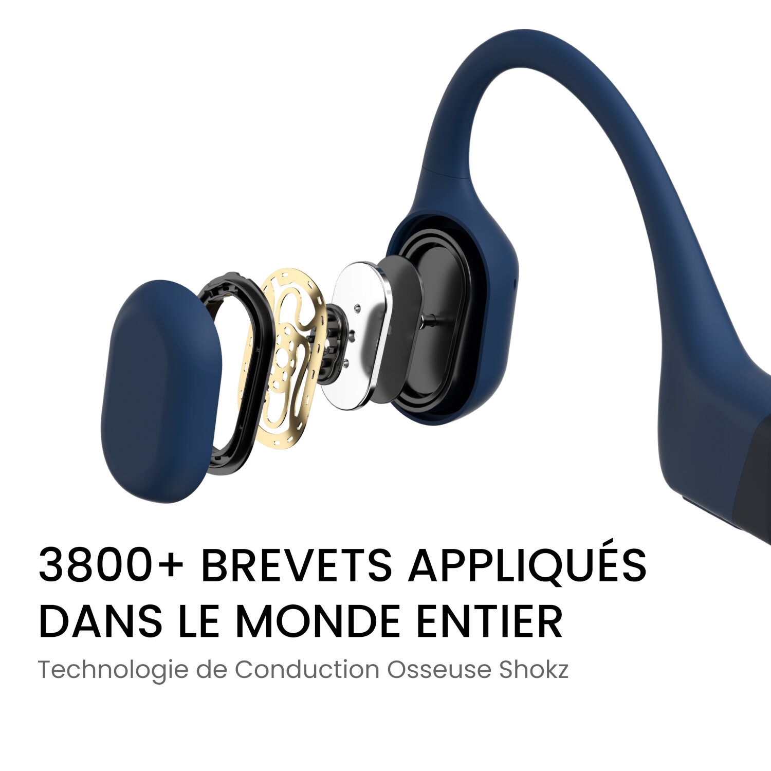 Vue éclatée d'écouteurs sans fil bleus. Texte : '3800+ brevets appliqués dans le monde entier'.