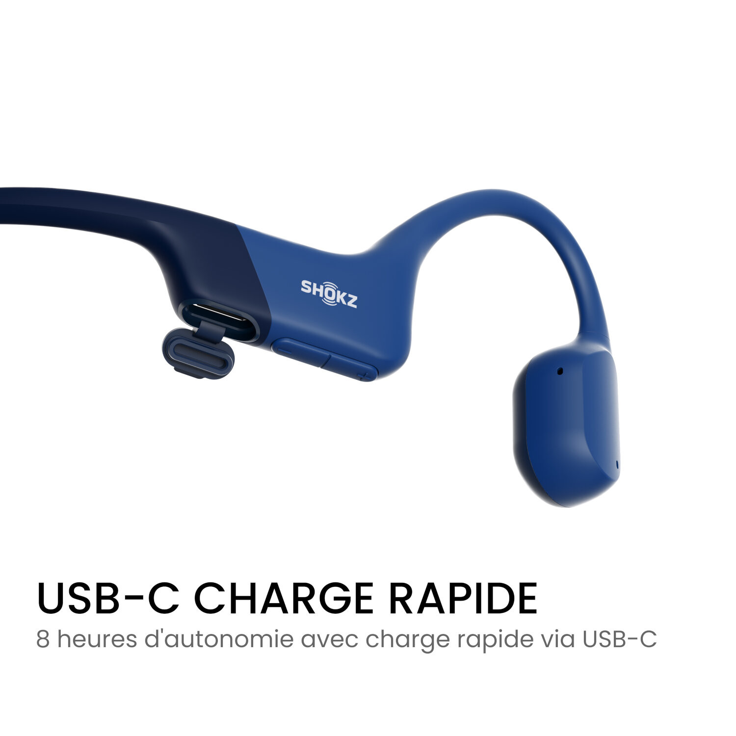 Casque Shokz bleu avec texte de chargement USB-C.