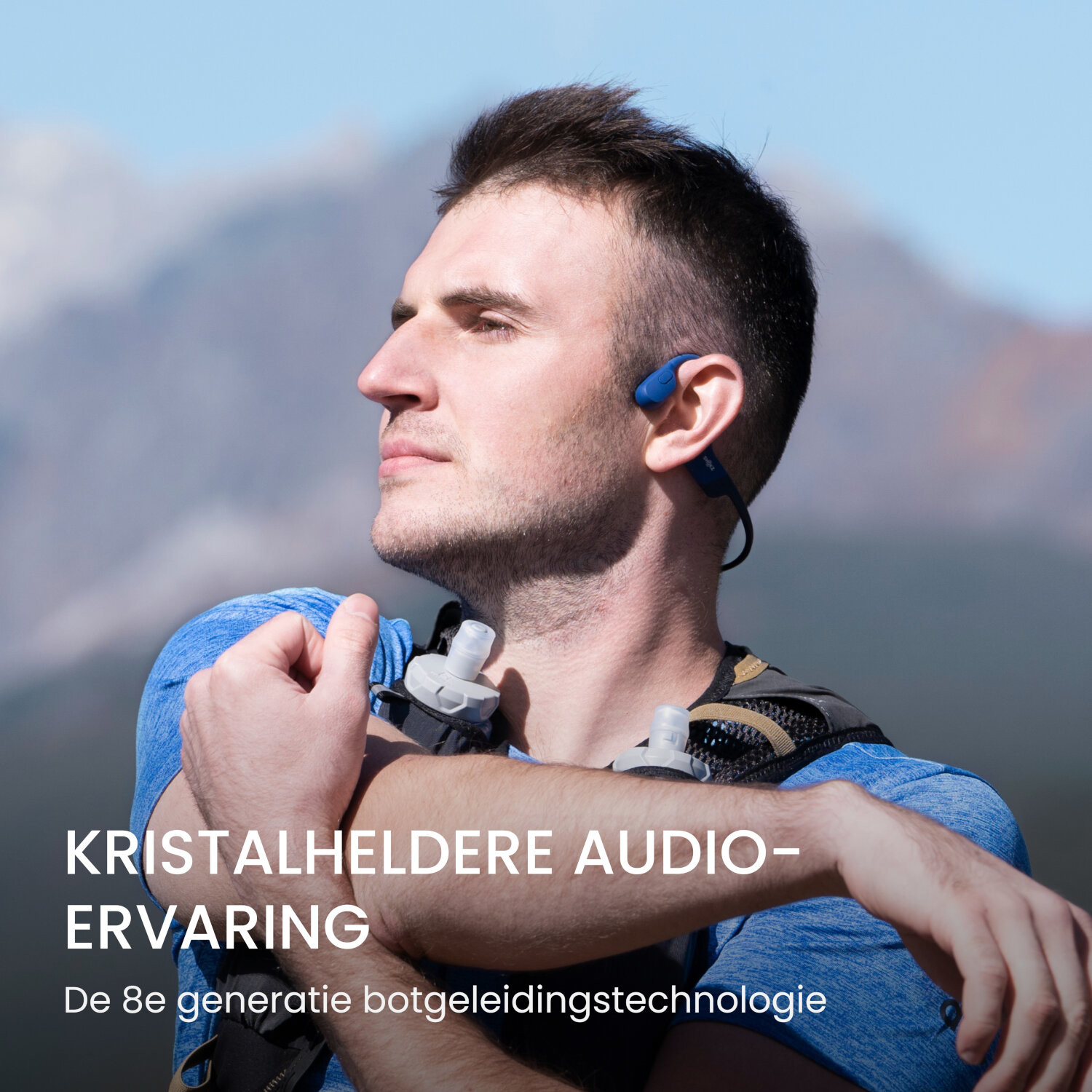 Man wearing blue headphones, looking upward. Text: 'Crystal clear audio experience' and 'bone conduction'.