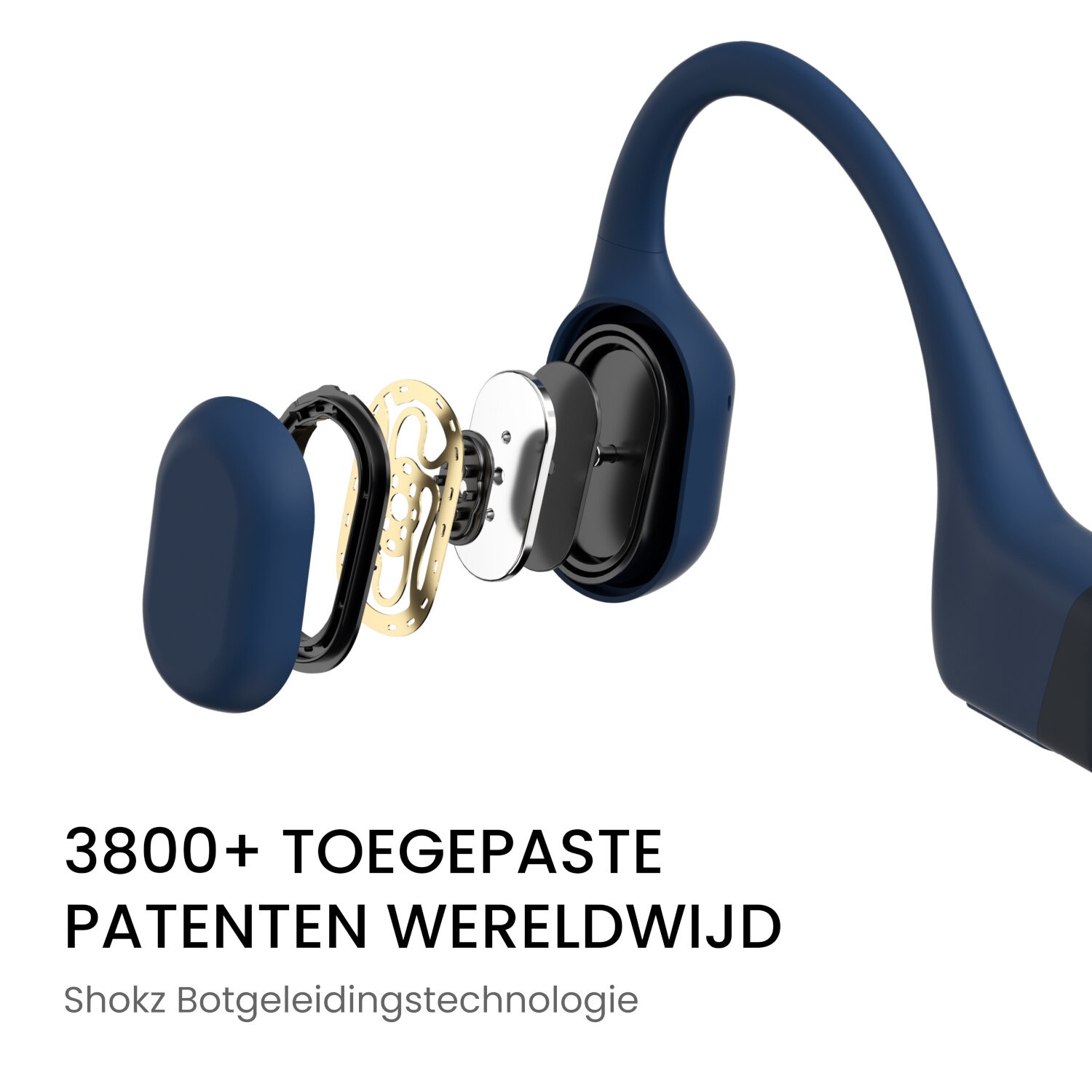 Blue bone conduction headphones. Exploded view shows internal components.