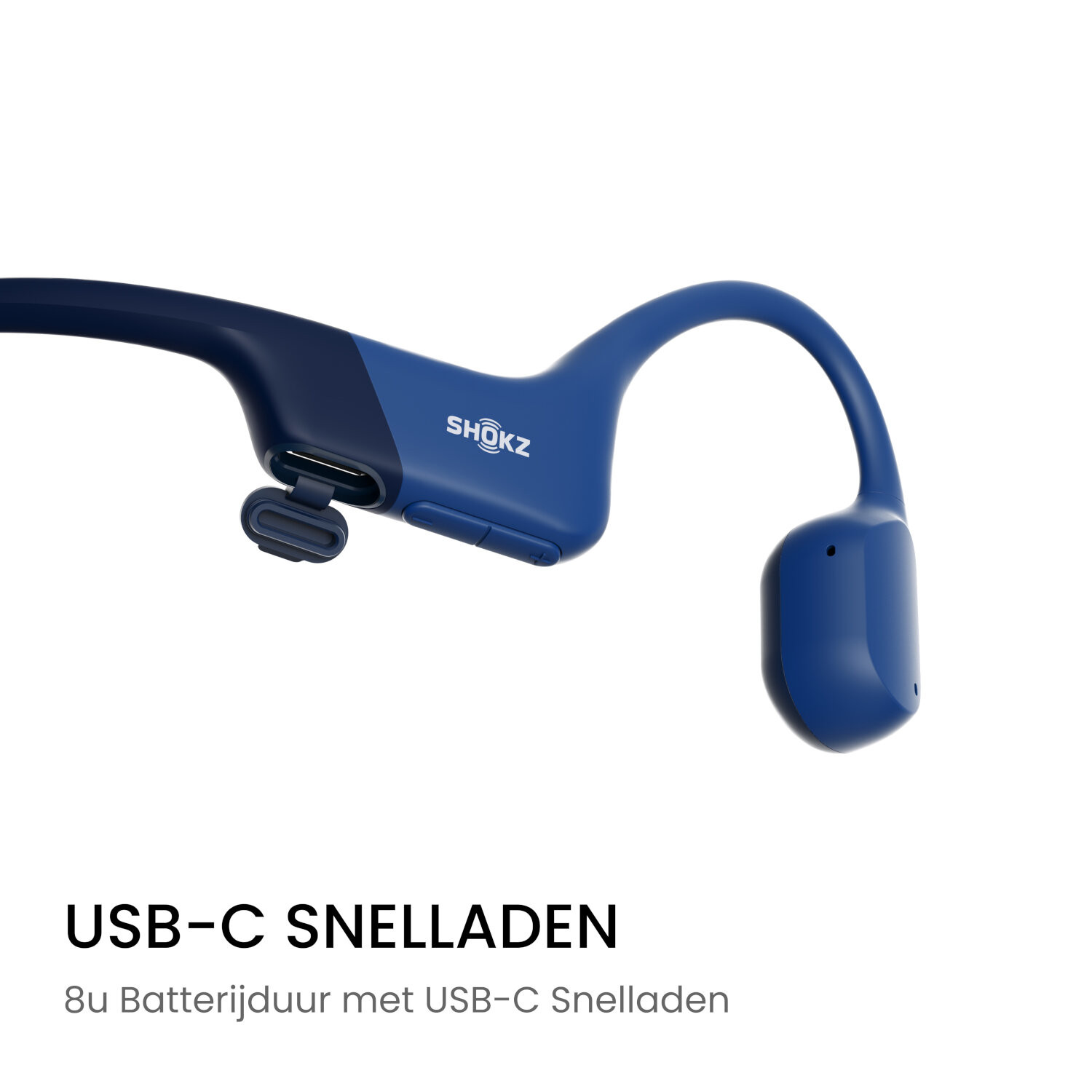 Blue Shokz headphones. Text: USB-C fast charging. 8u battery life with USB-C fast charging.