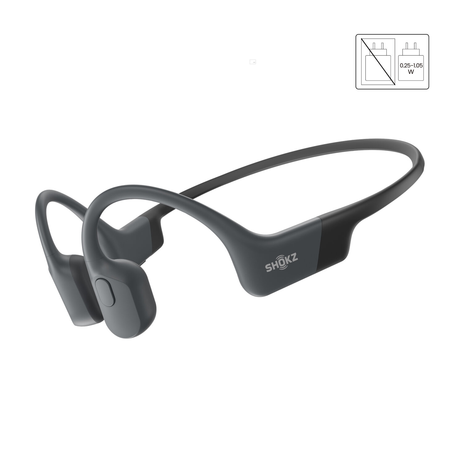Casque à conduction osseuse gris avec le nom de la marque Shokz imprimé sur le côté.