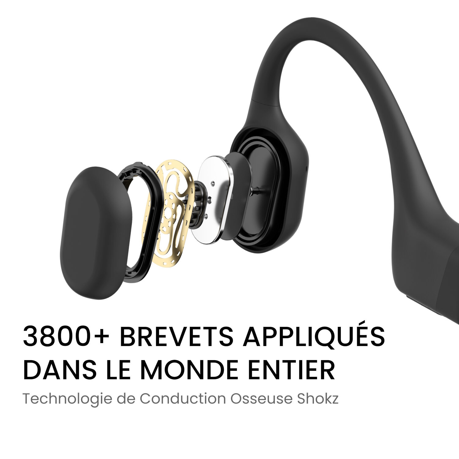 Vue éclatée du casque à conduction osseuse noir, montrant les composants internes.
