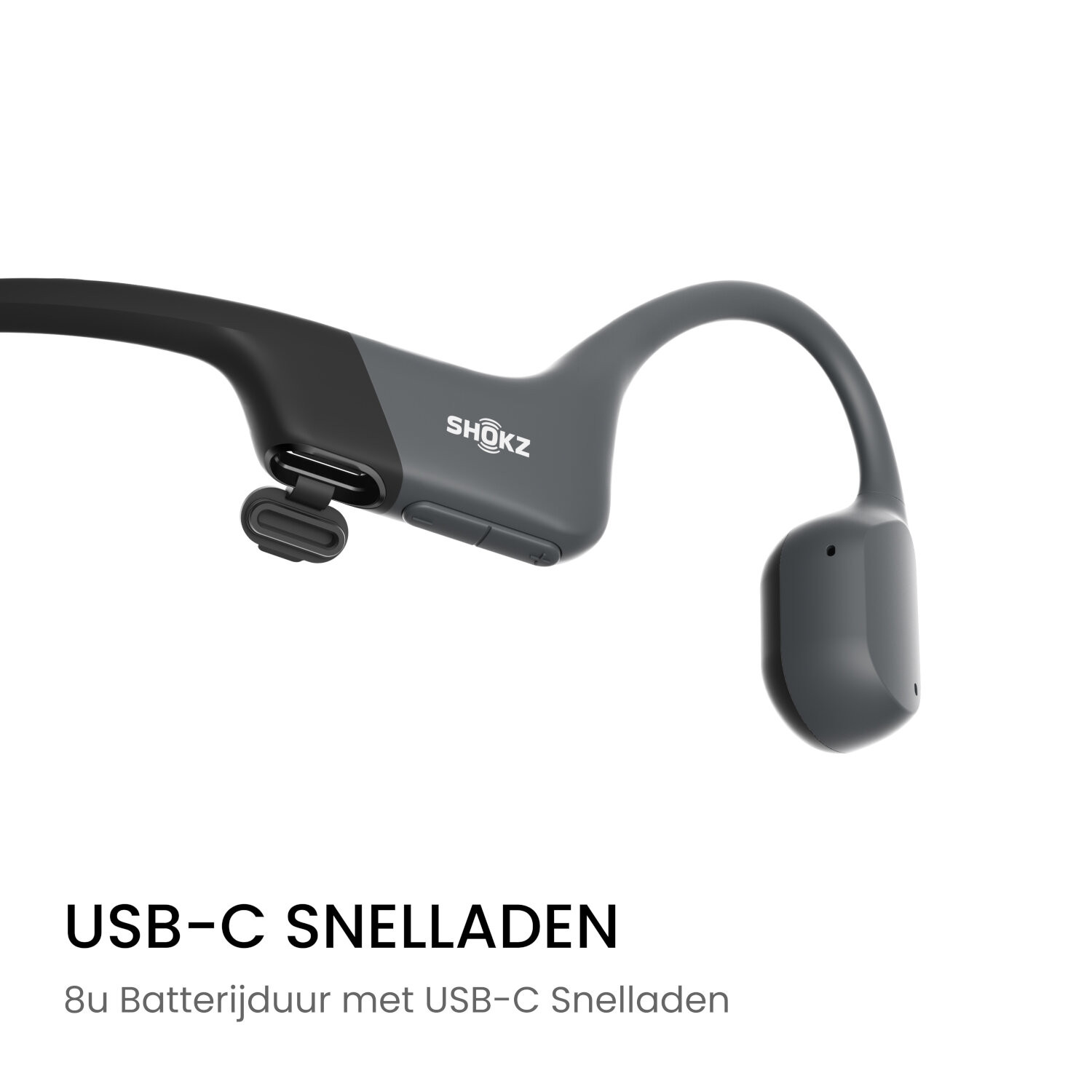 Grijze Shokz botgeleidingshoofdtelefoon. USB-C snelladen en batterijduur details hieronder.