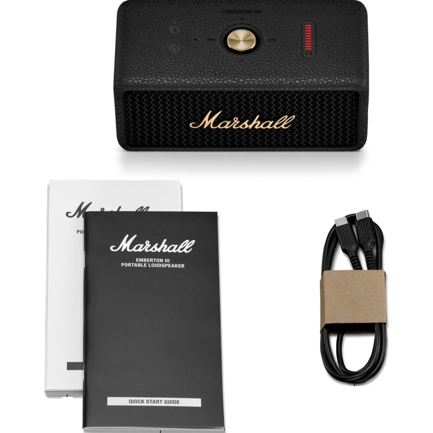 Marshall Emberton III speaker, black, with buttons and a gold control knob. Books and a charging cable.