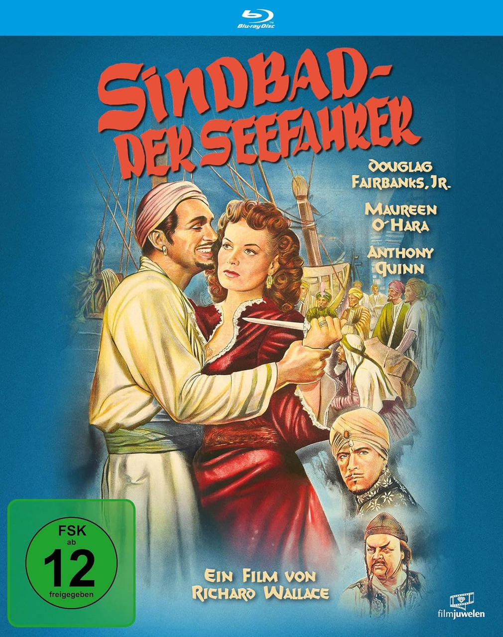 Filmplakat: Sinbad der Seefahrer, Vintage-Stil. Zwei Charaktere, Text-Overlay und Illustration.