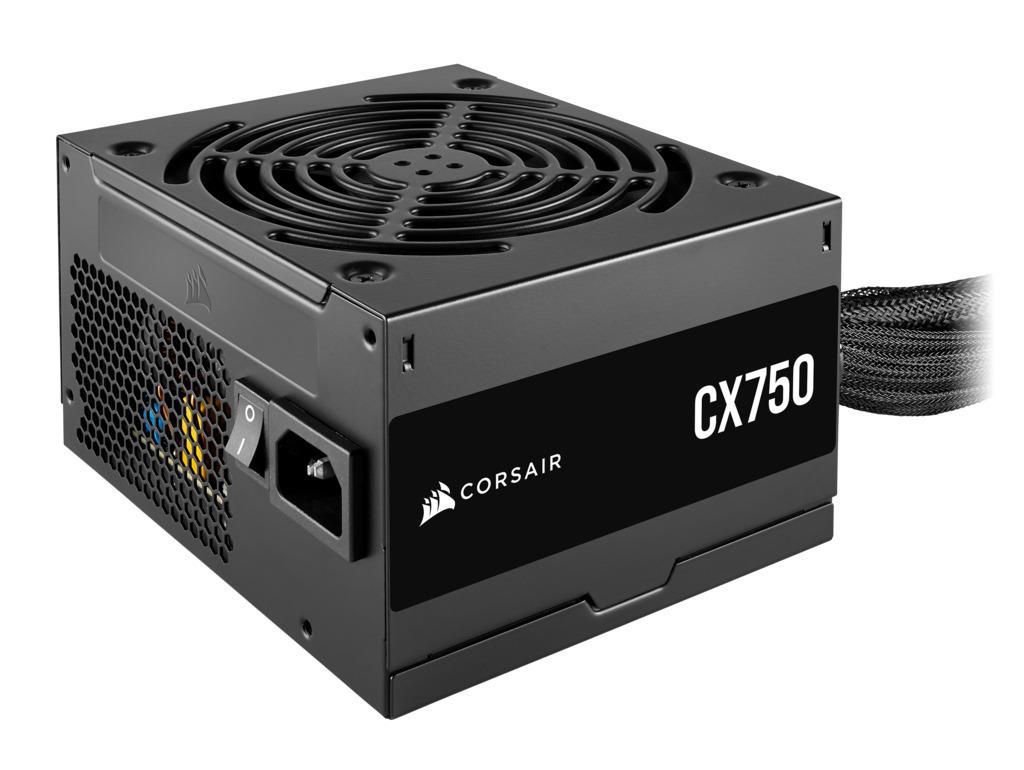 Schwarzes Corsair CX750 Netzteil mit Lüfter und Etikett.