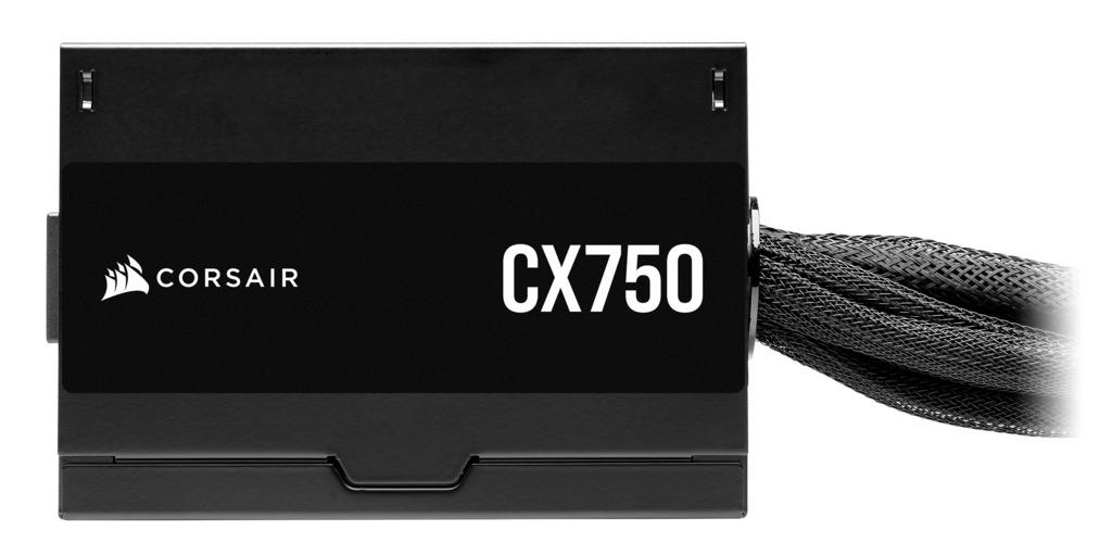 Corsair Netzteil, schwarz mit weißem Logo und Text. Kabel befinden sich auf der rechten Seite.