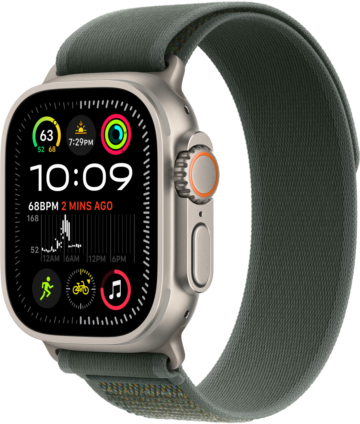 Ezüst Apple Watch zöld szíjjal, mely az időt és egyéb mérőszámokat mutat.
