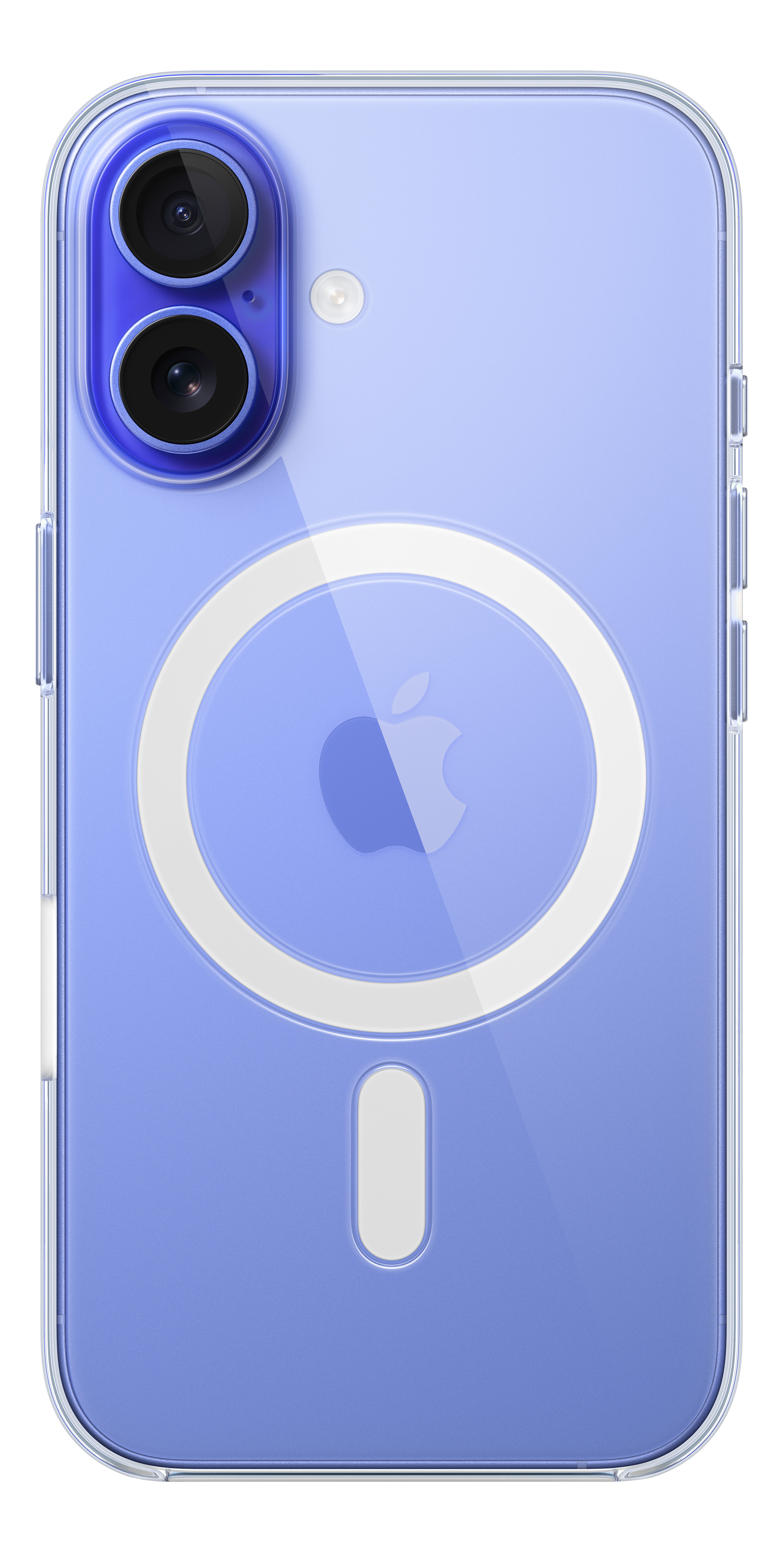 Transparente Handyhülle auf blauem Telefon. Das Apple-Logo ist sichtbar. Dualkameras befinden sich oben.