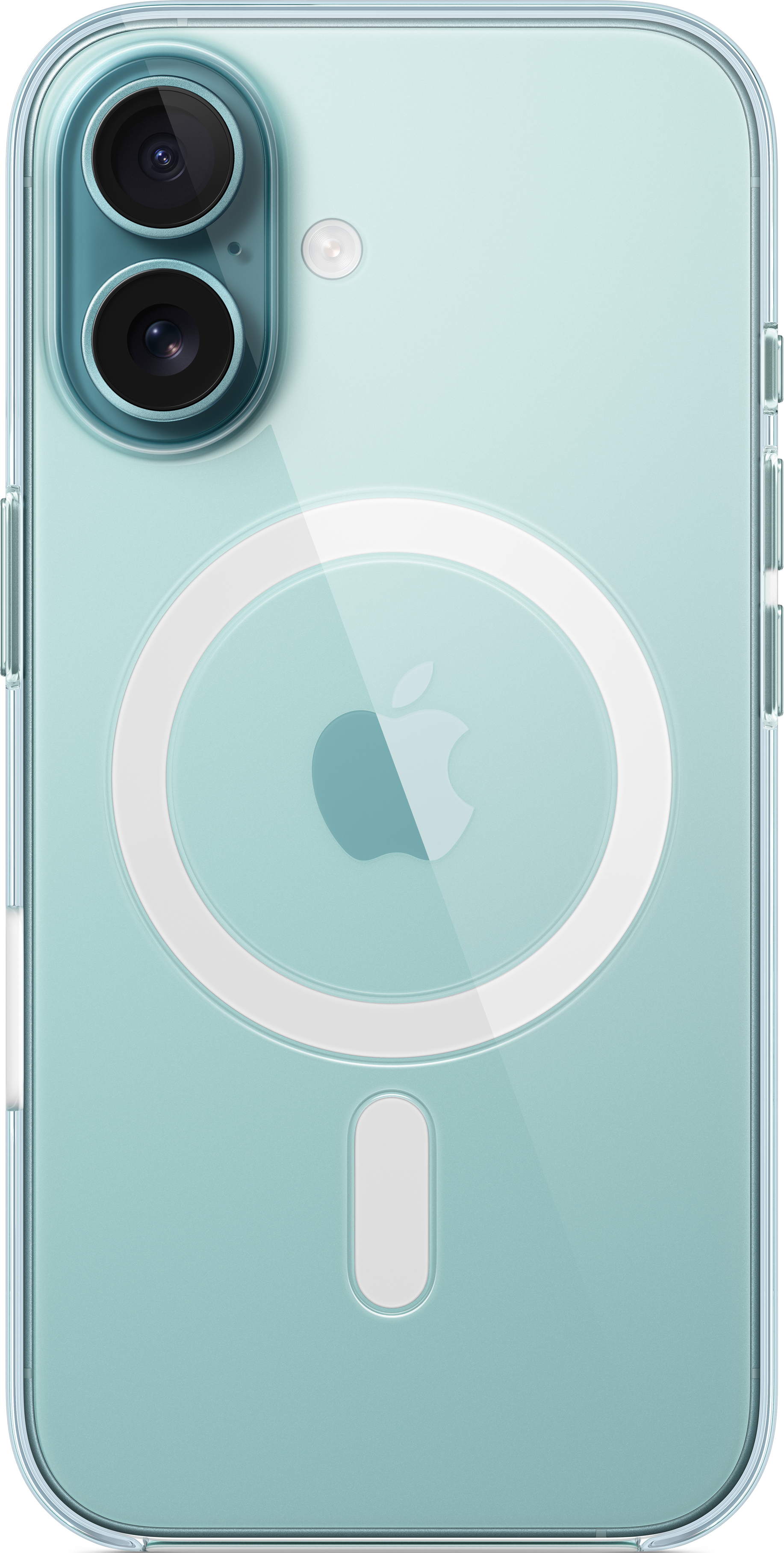 Transparente Handyhülle auf einem tealfarbenen Telefon. Das Apple-Logo ist sichtbar. Zwei Kameralinsen und ein Blitz oben.