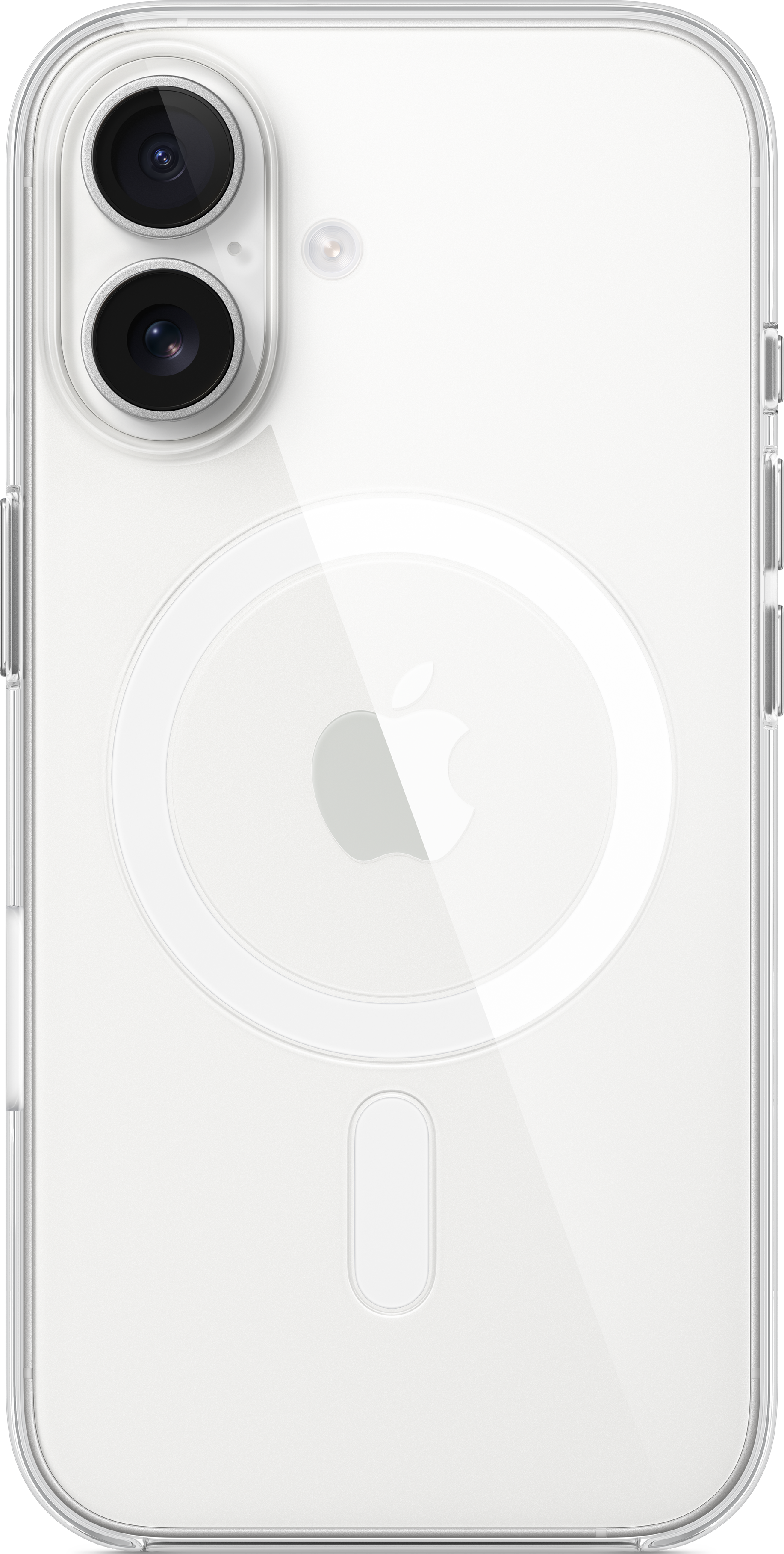 Transparente Handyhülle auf weißem Grund, Rückansicht, mit Kamera und Apple-Logo.