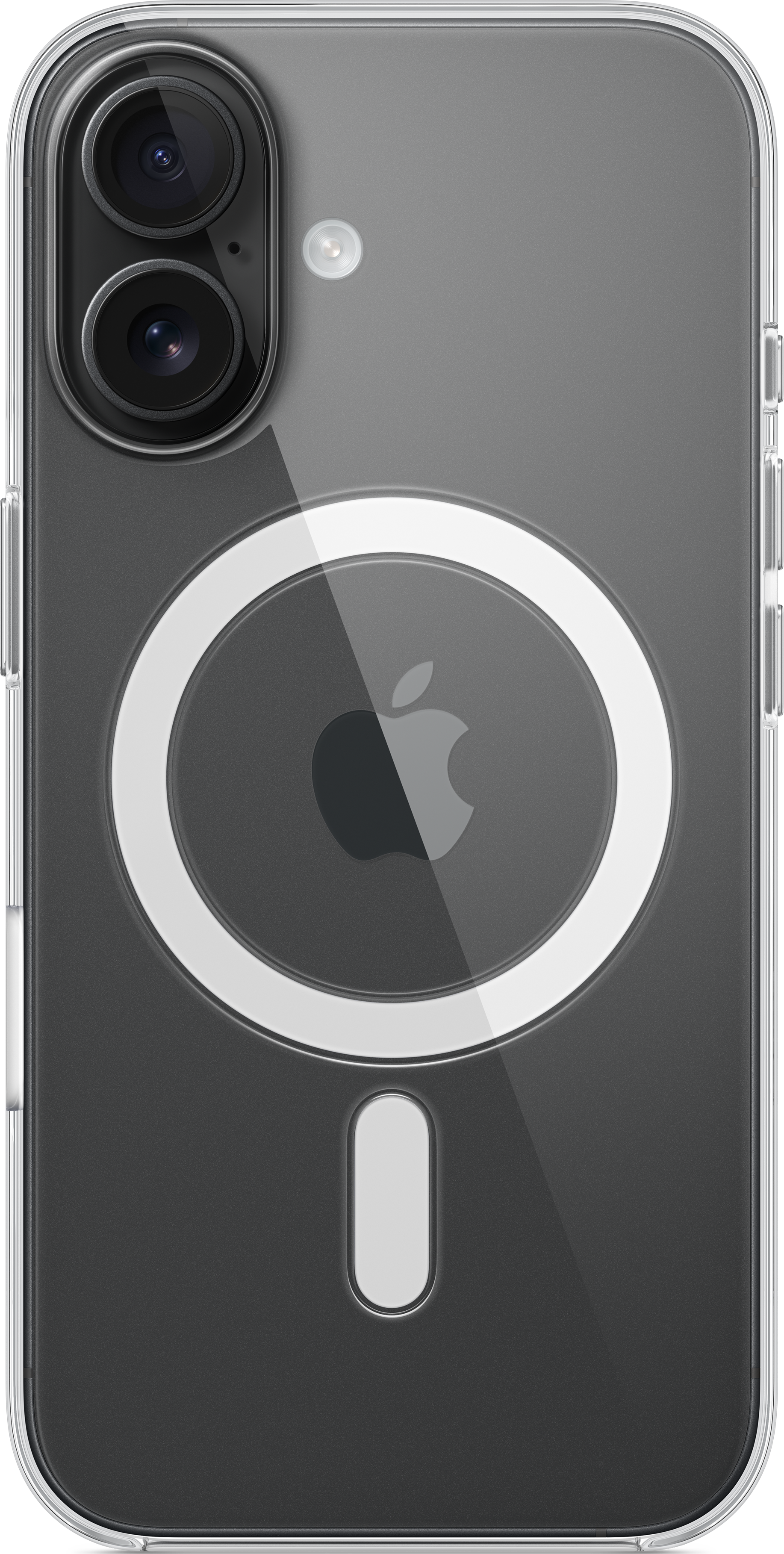 iPhone in transparenter Hülle mit MagSafe-Ring und Apple-Logo auf schwarzem Hintergrund.