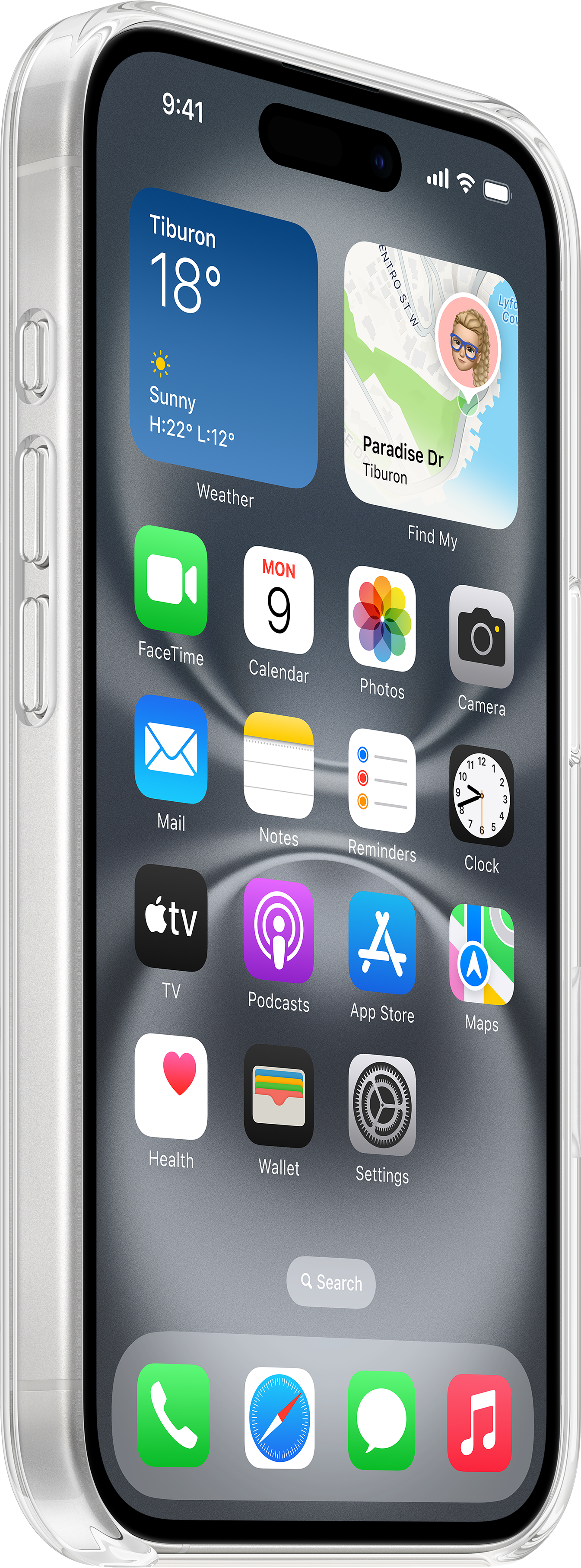 Ein iPhone, das den Startbildschirm mit App-Symbolen, Wetter und Uhrzeit in einer transparenten Hülle anzeigt.