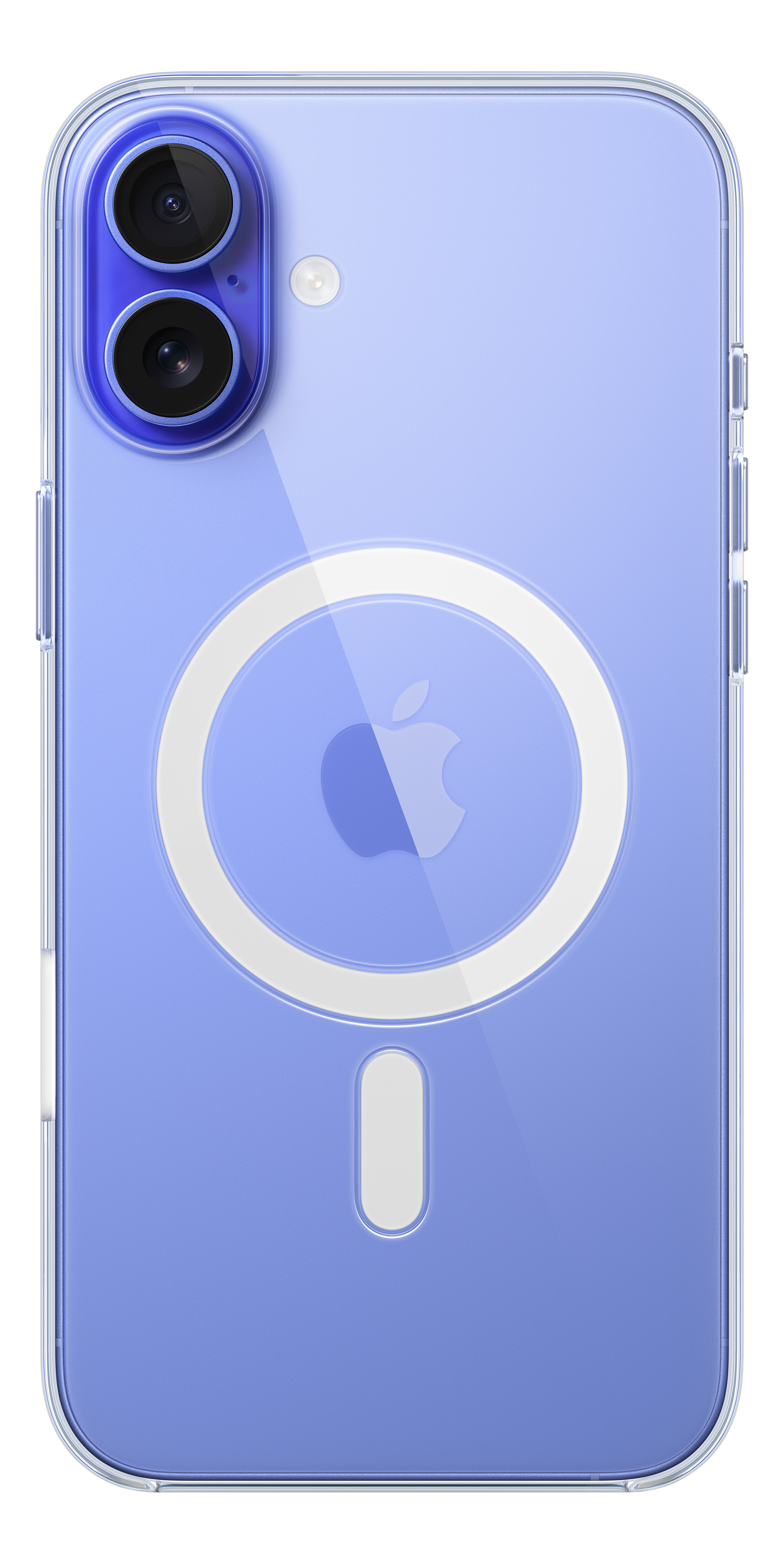Blaue iPhone-Hülle, Rückansicht, Apple-Logo, weißer Magnetring, transparente Hülle.