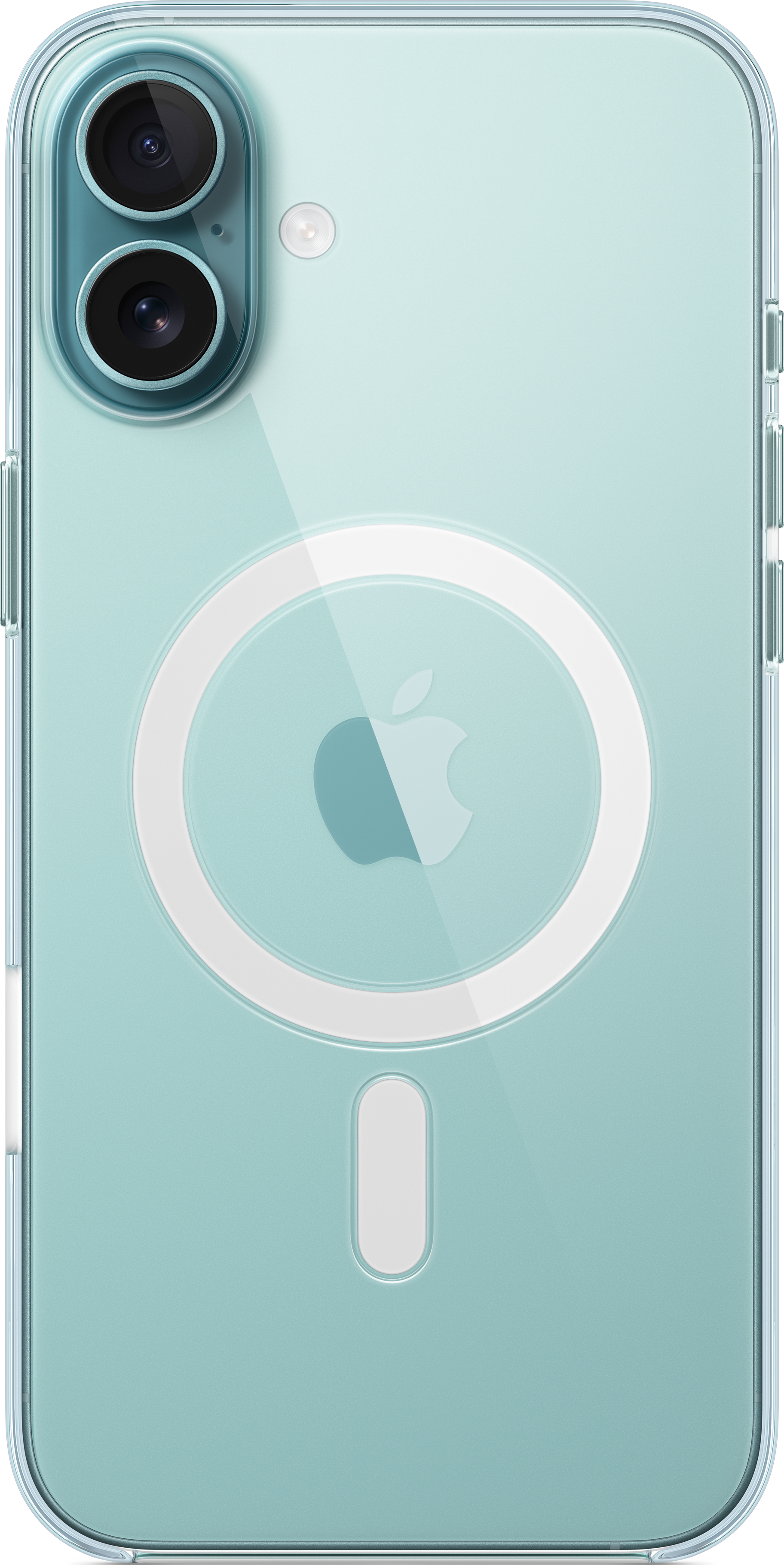 Transparente iPhone-Hülle mit MagSafe-Ring und Apple-Logo. Blaues Telefon innen.