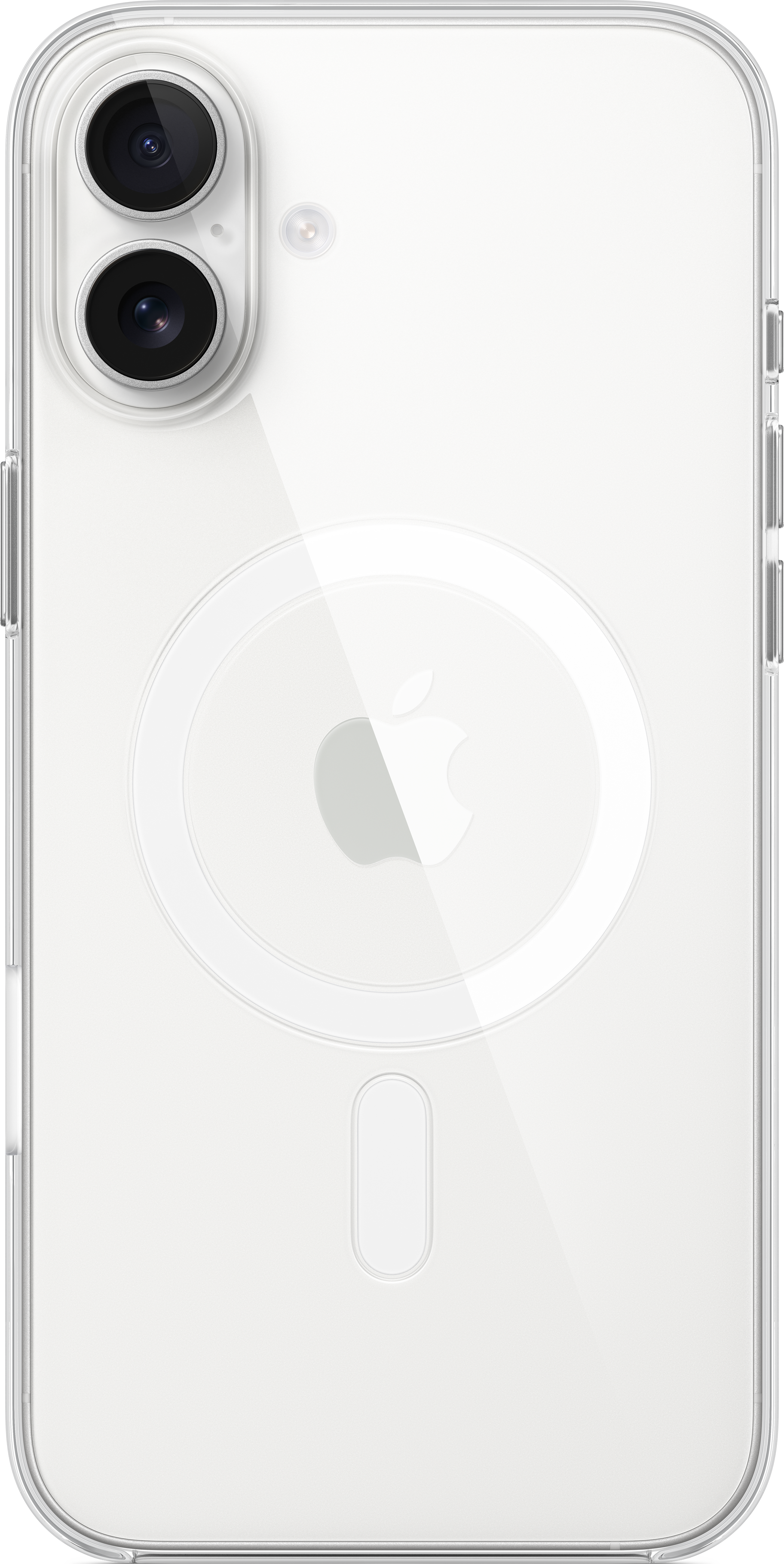 Weißes iPhone mit durchsichtiger Hülle, zeigt die Rückseite mit Apple-Logo.