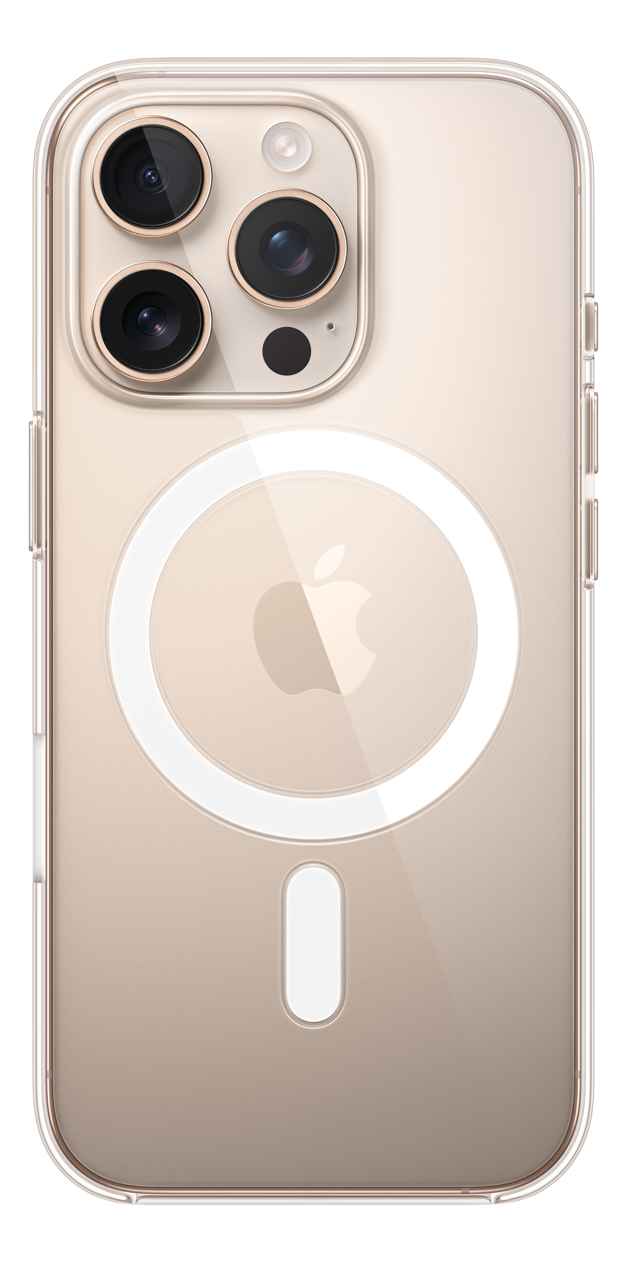 Ein goldenes iPhone mit durchsichtiger Hülle, Rückseite und Kamera.