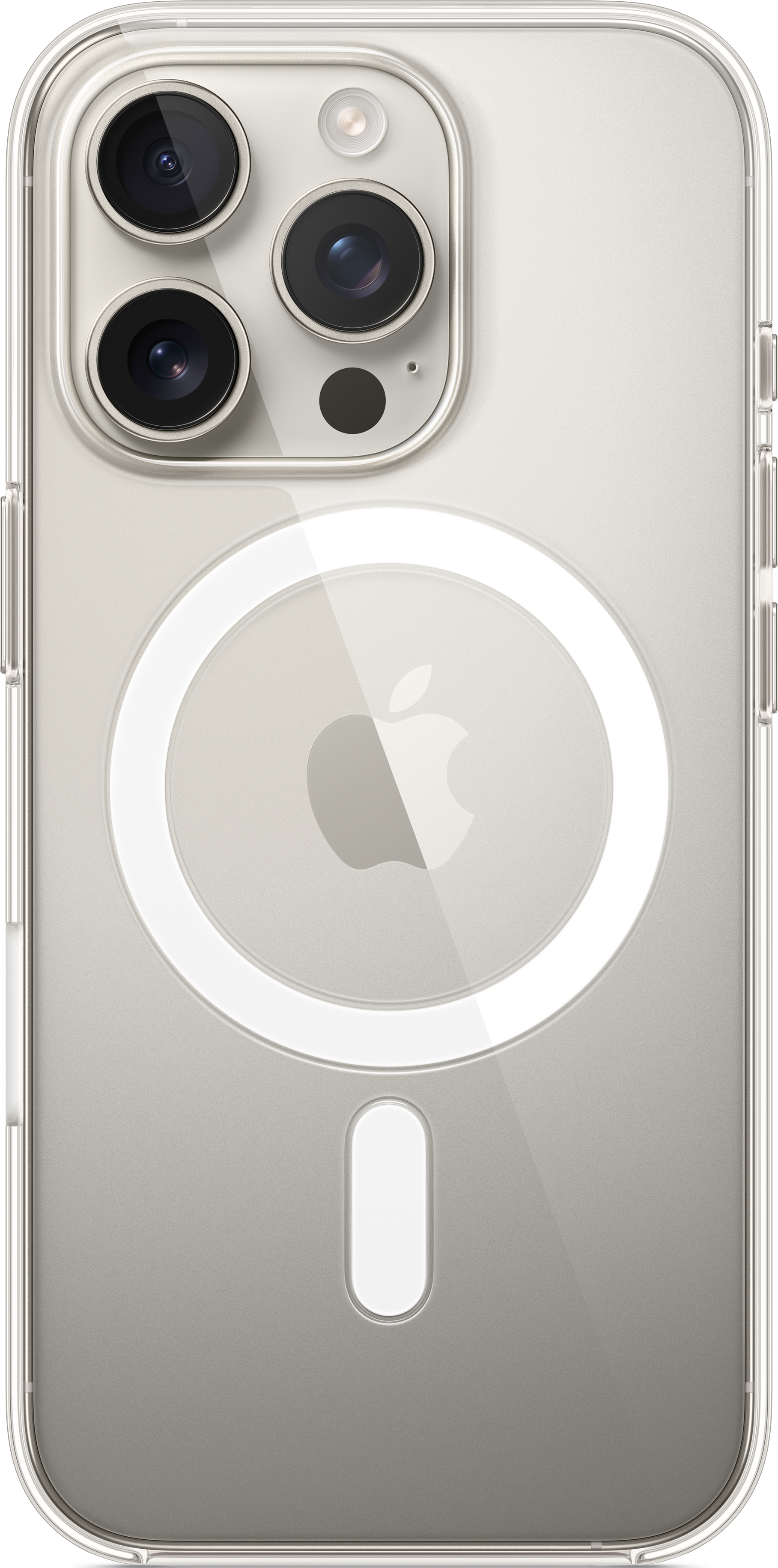 Rückansicht einer transparenten iPhone-Hülle mit weißem Kreis und Apple-Logo.