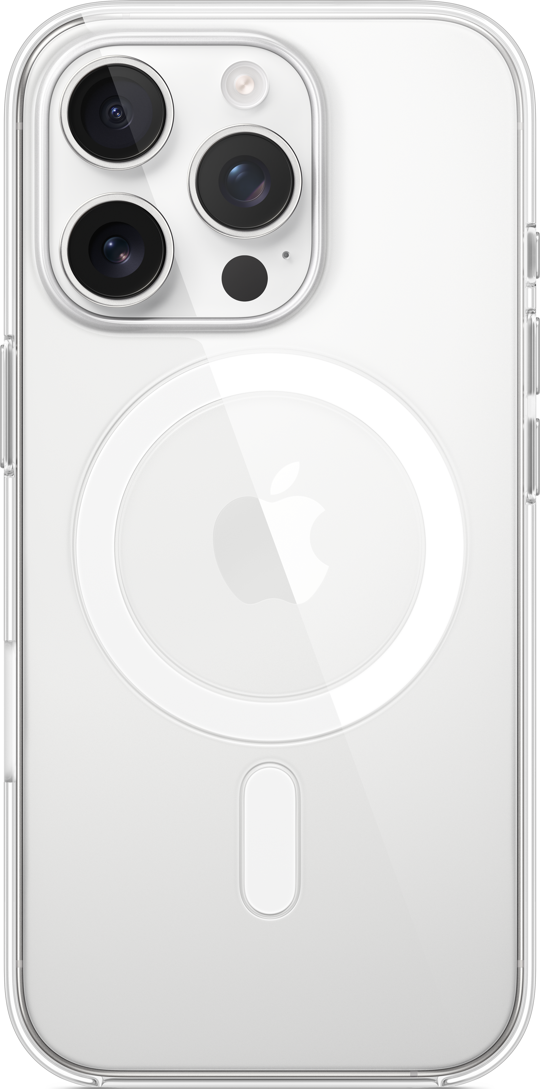 Rückseite einer transparenten iPhone-Hülle mit einem MagSafe-Kreis und Apple-Logo.