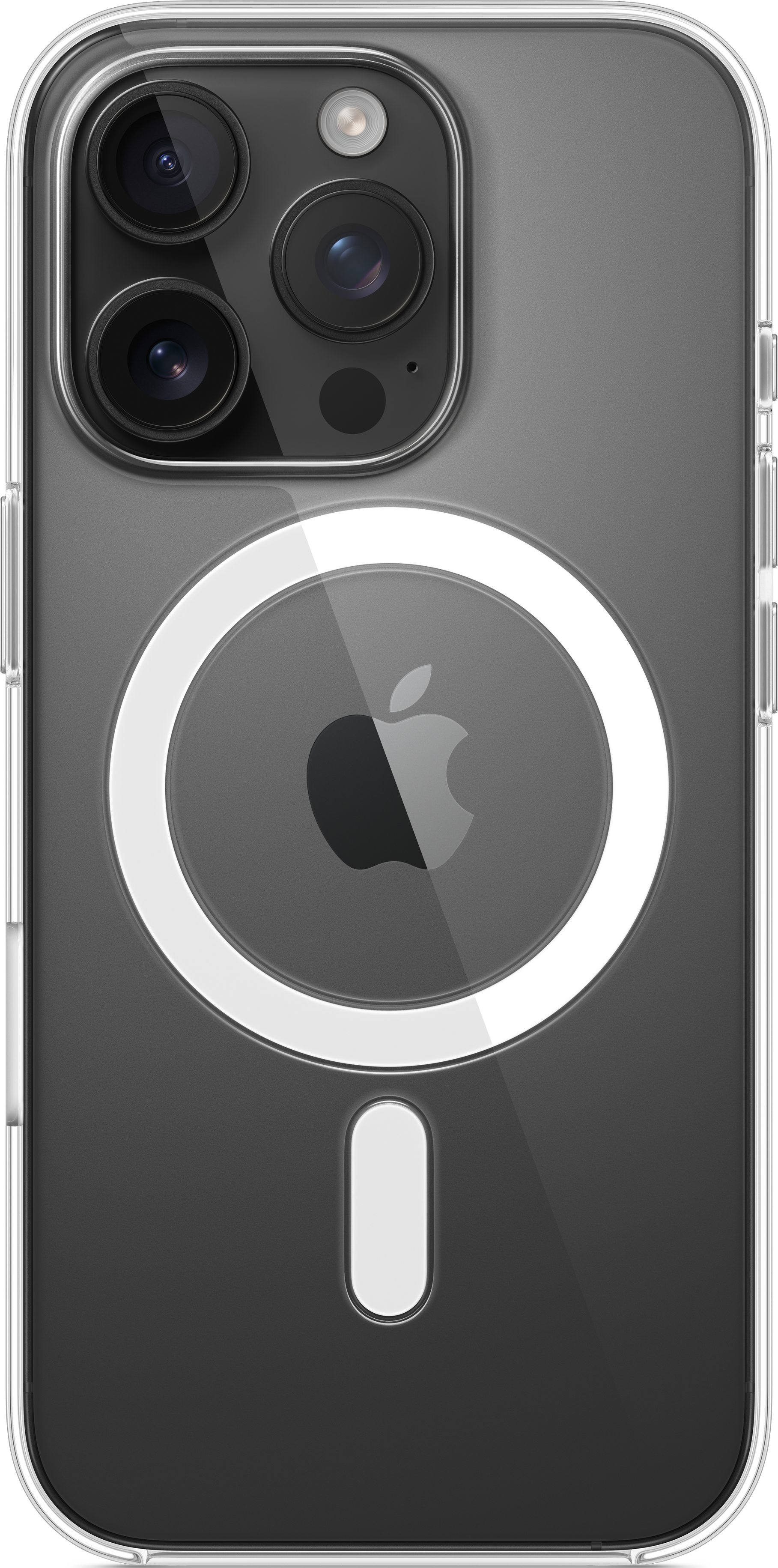 Transparente iPhone-Hülle mit Apple-Logo. Die Hülle ist transparent und zeigt das Telefon.