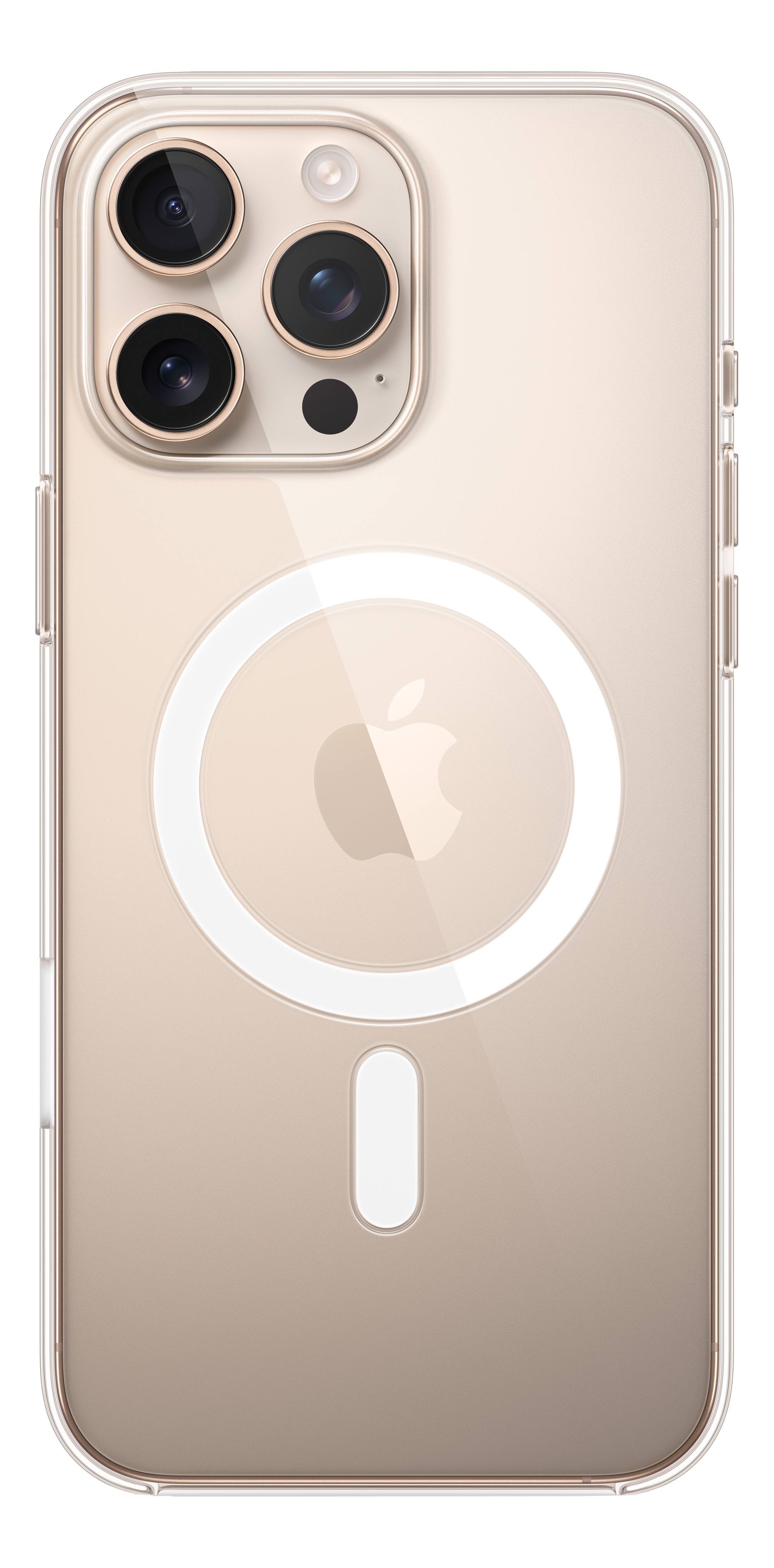 iPhone-Rückseite. Beige. Transparente Hülle mit weißem MagSafe-Kreis und Apple-Logo. Kamera sichtbar.