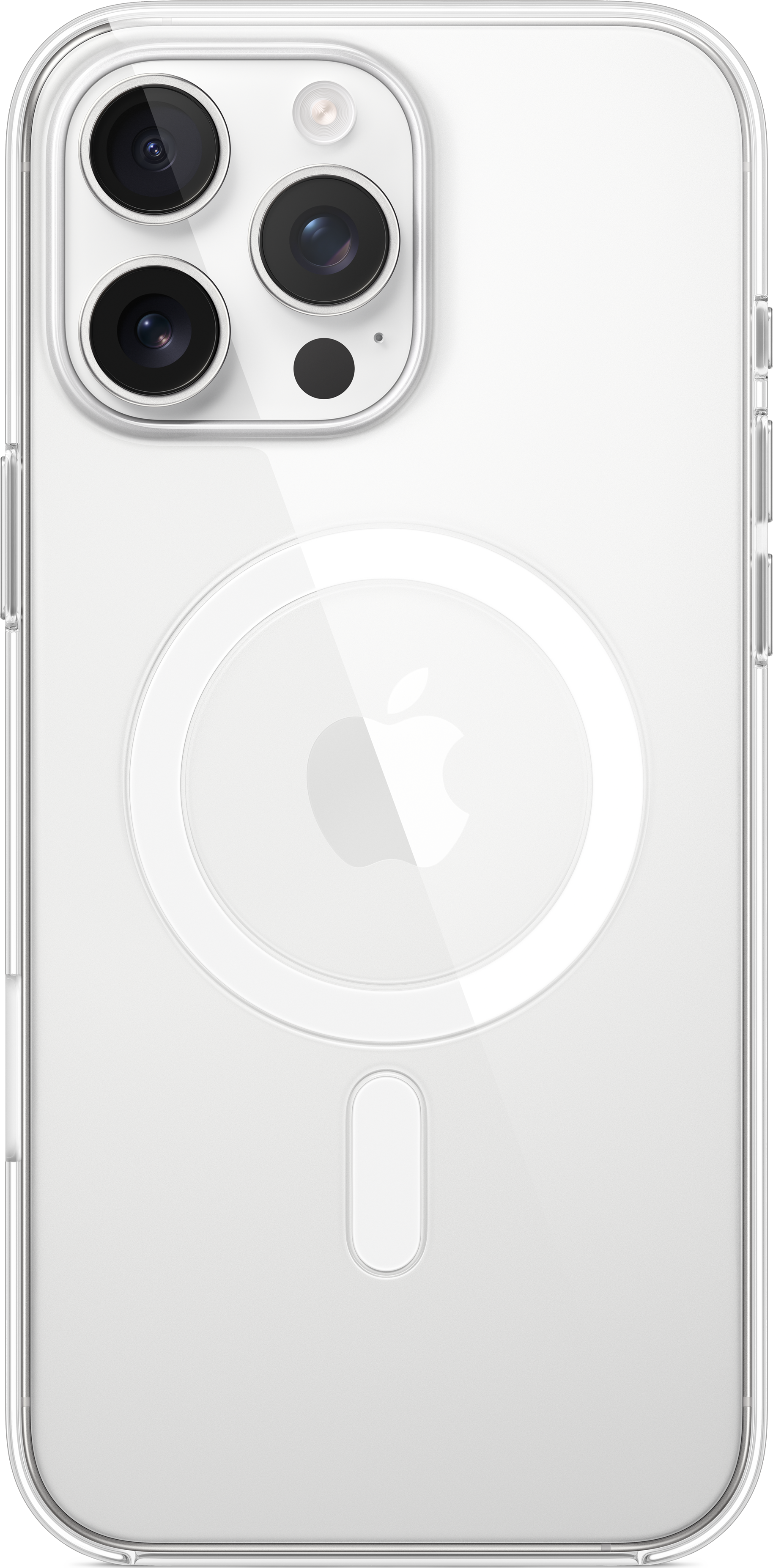 Eine transparente iPhone-Hülle mit einem MagSafe-Kreis auf der Rückseite. Das Telefon ist sichtbar.