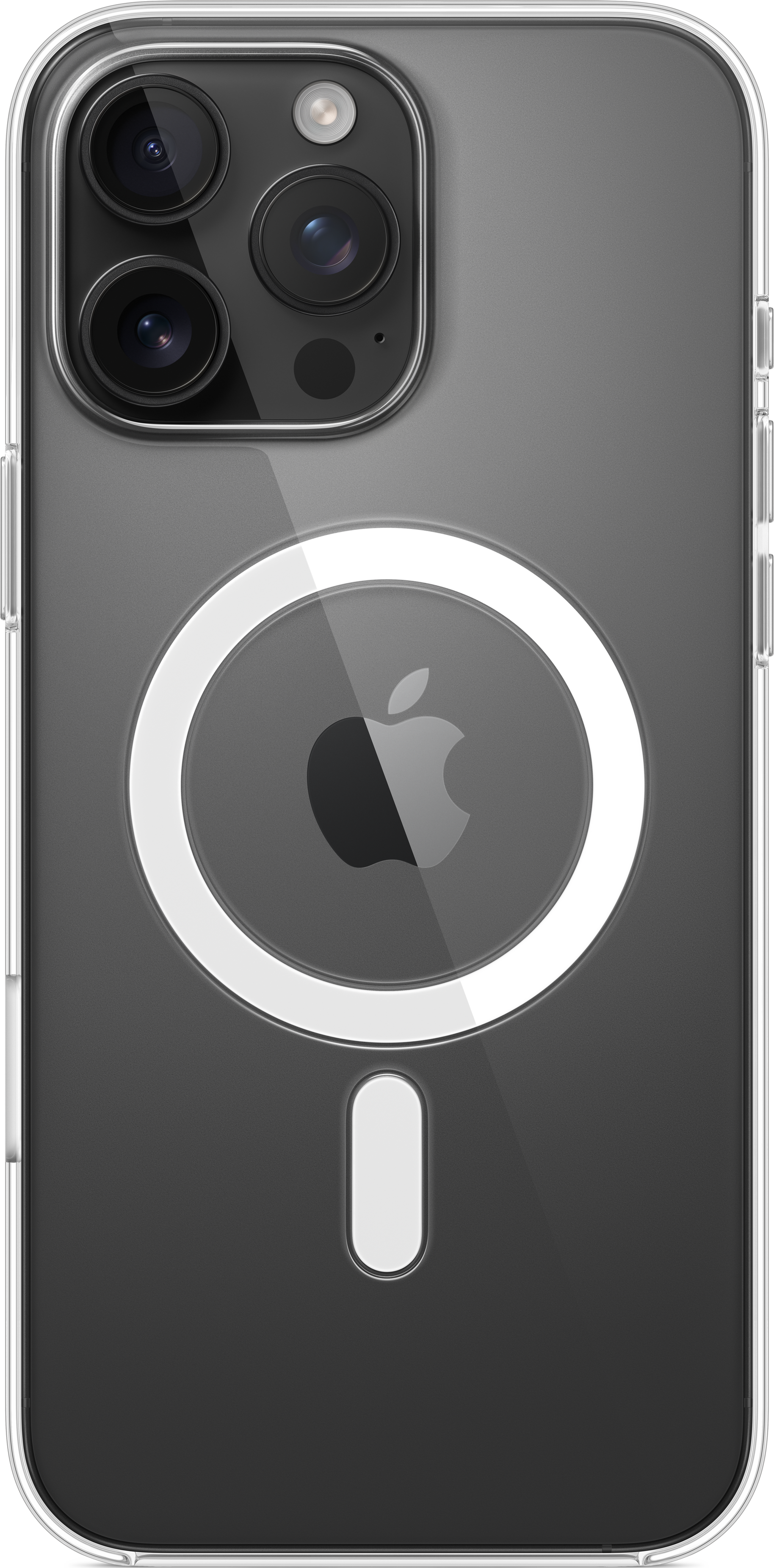 Transparente iPhone-Hülle mit MagSafe-Kreis auf einem dunklen Telefon. Das Apple-Logo ist sichtbar.