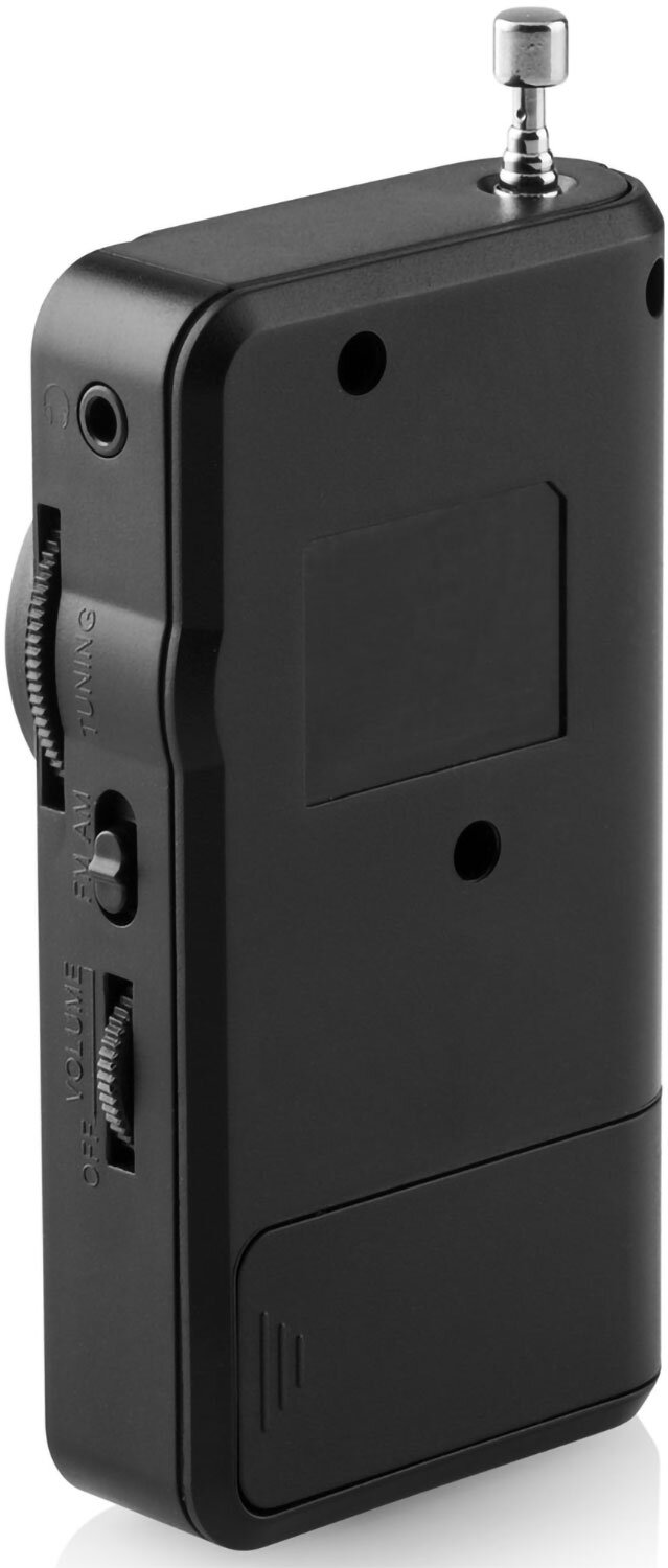 Czarny radio z pokrętłami strojenia i głośności, przełącznikiem FM/AV i anteną.