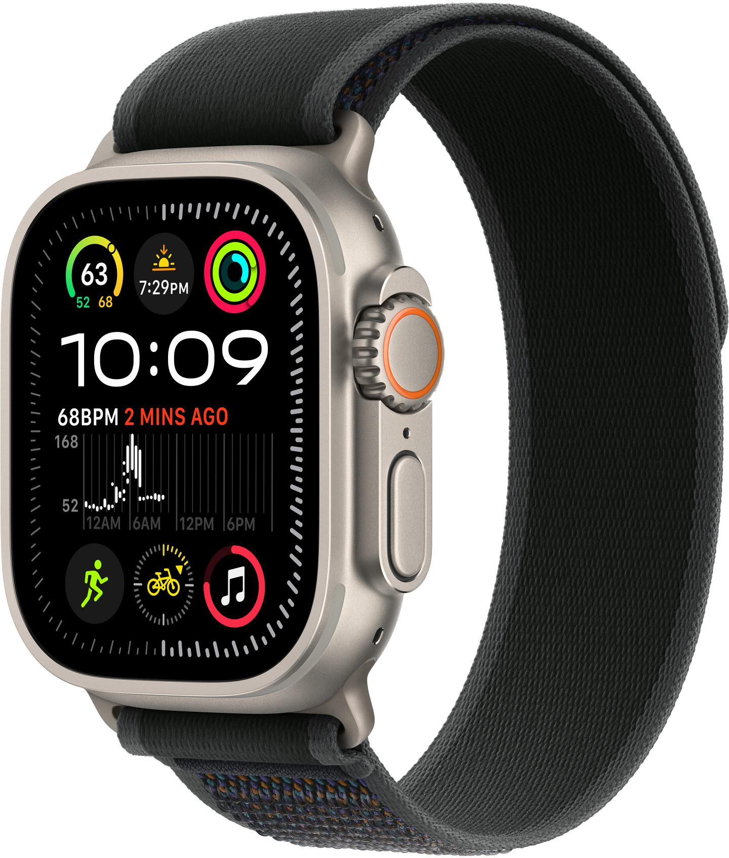 Apple Watch Ultra szürke tokkal és fekete szíjjal, 10:09-et mutatva.