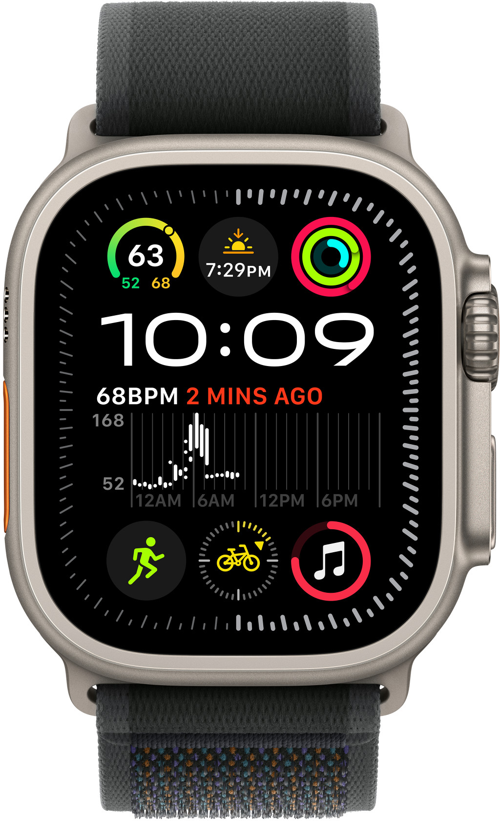 Apple Watch Ultra fekete képernyővel, amely az időt, egészségügyi mutatókat és egyéb adatokat jelenít meg. Szürke szíj.