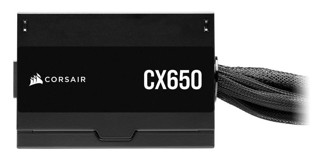 Schwarzes Corsair CX650 Netzteil mit Markenname und Modellnummer.