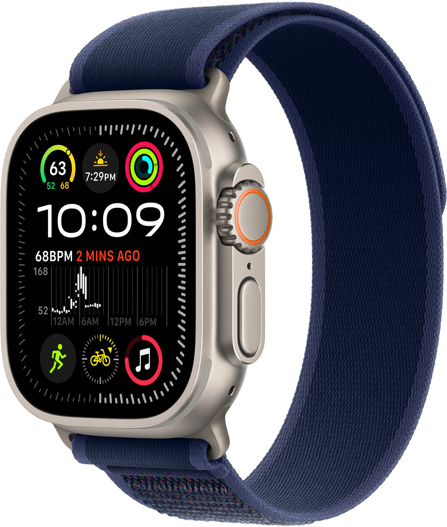Egy Apple Watch kék szíjjal, időt és egészségügyi adatokat mutat a képernyőn.