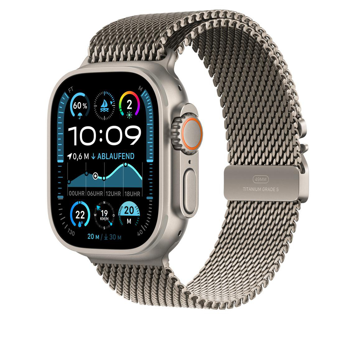 Silberne Apple Watch Ultra mit Mesh-Armband und Display.