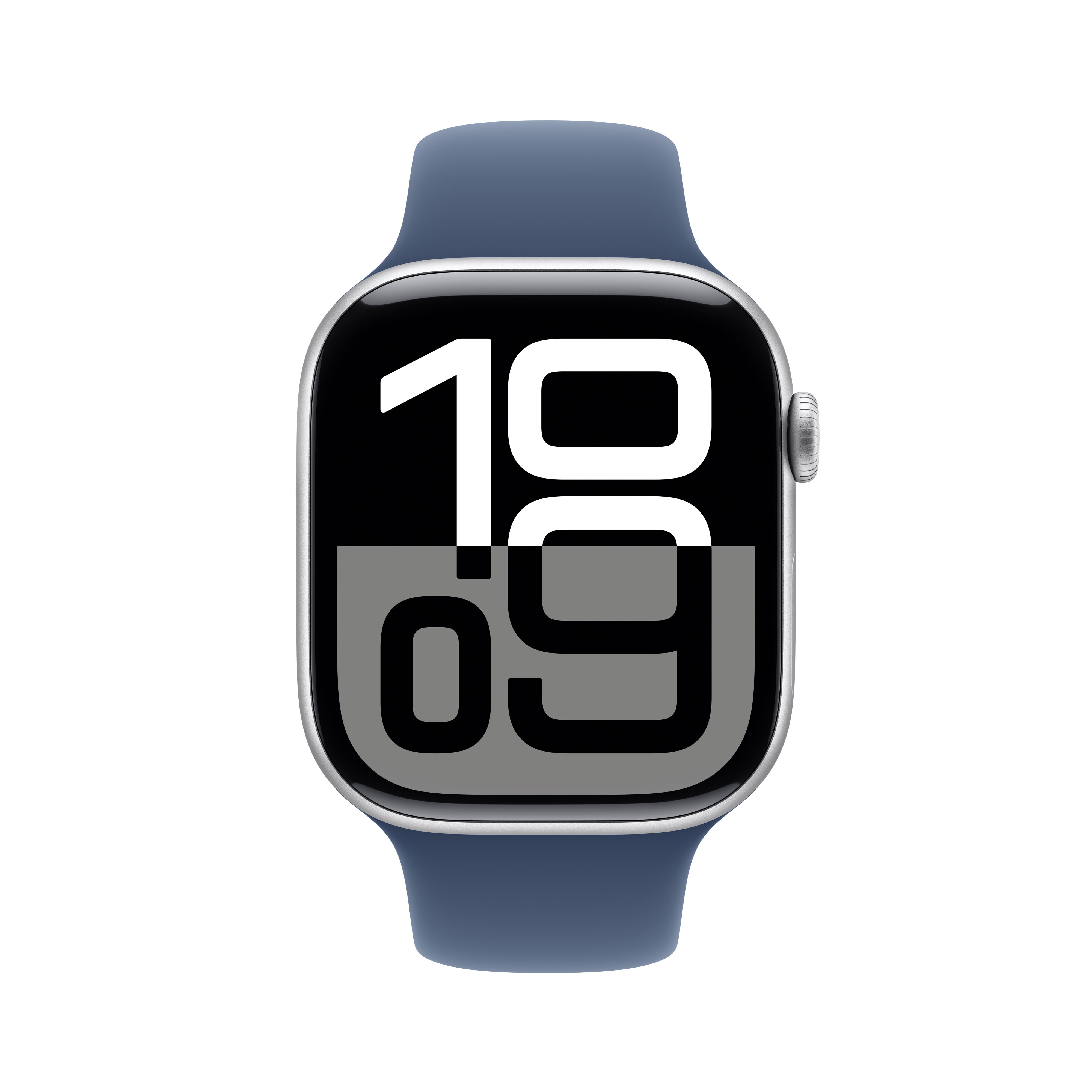Eine blaue Smartwatch mit blauem Armband, die die Uhrzeit 10:09 anzeigt. Der Hintergrund ist weiß.