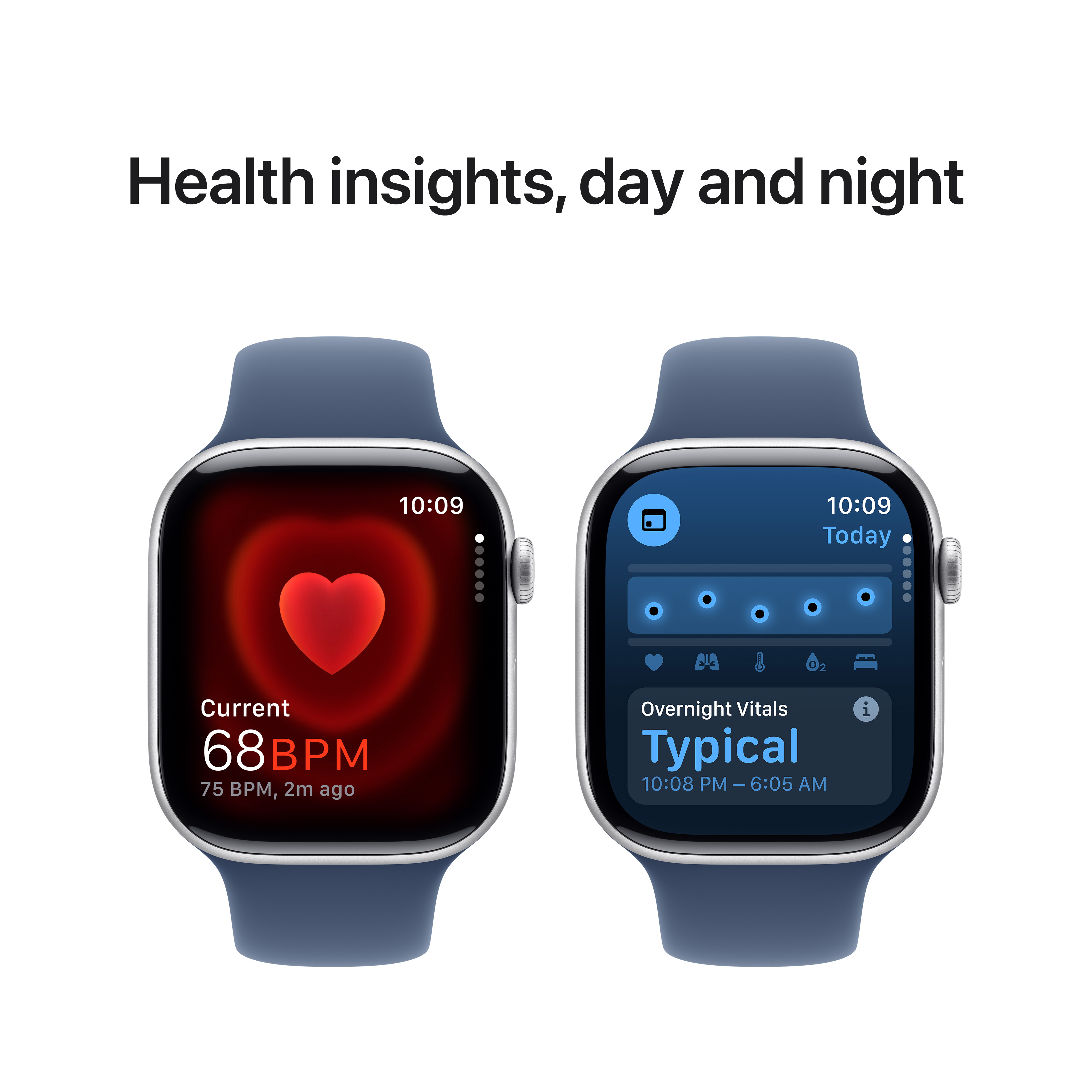Zwei blaue Smartwatches zeigen Gesundheitsmetriken. Text: Gesundheits-Einblicke, Tag und Nacht.