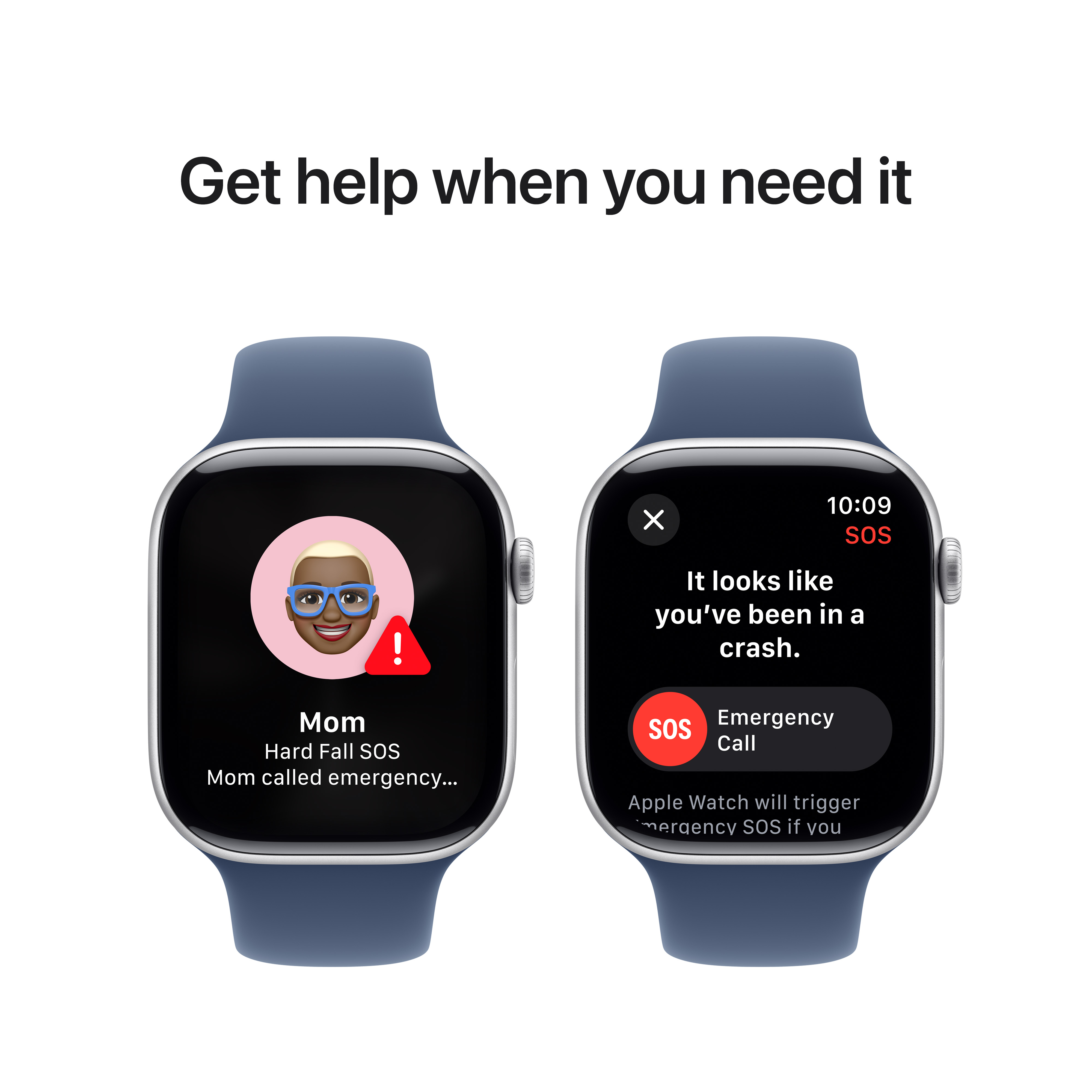 Zwei Apple Watches, die Notfall-SOS-Benachrichtigungen auf ihren Bildschirmen anzeigen.