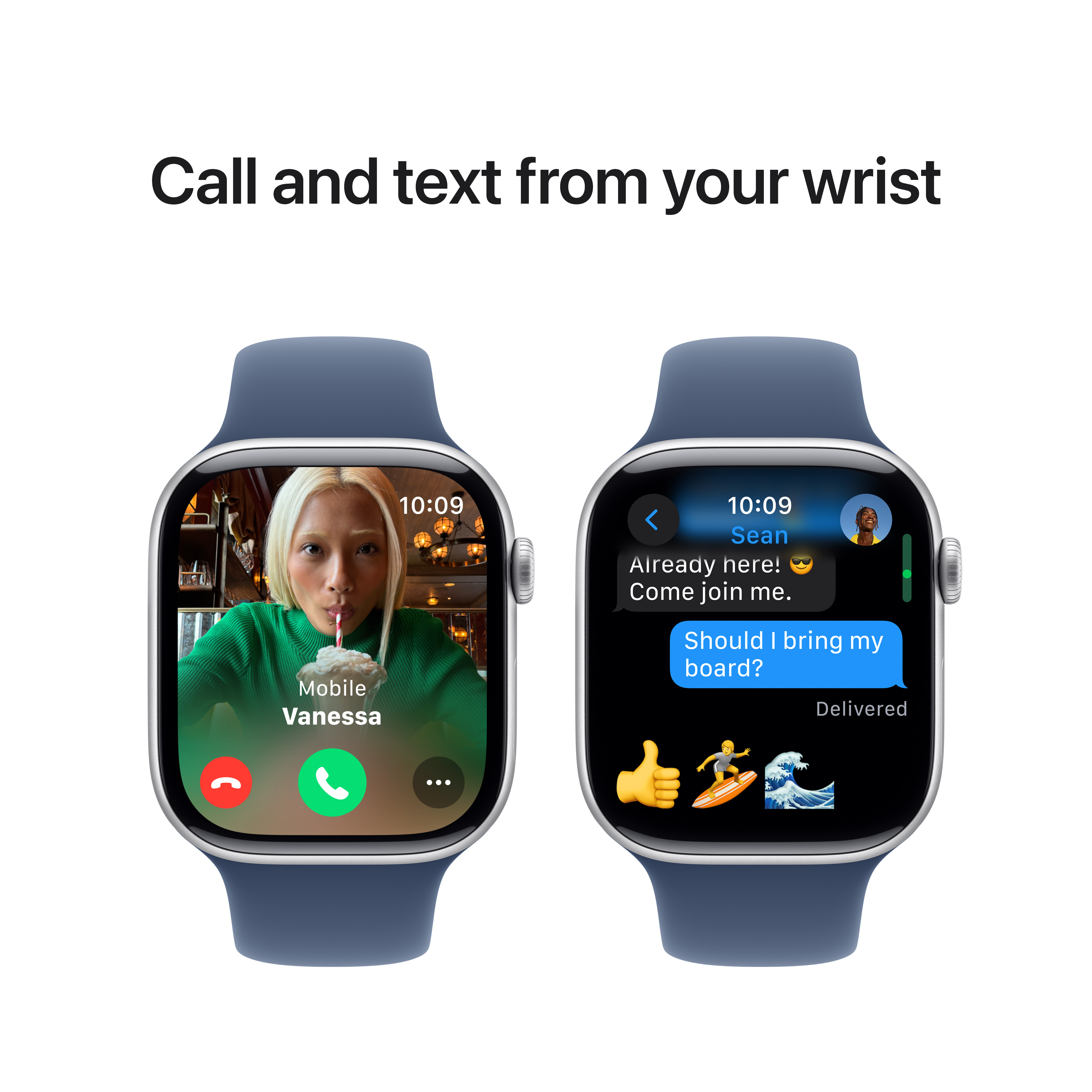 Zwei Smartwatches zeigen Anrufe und Texte an. Einer zeigt einen Videoanruf, der andere eine Textnachricht.
