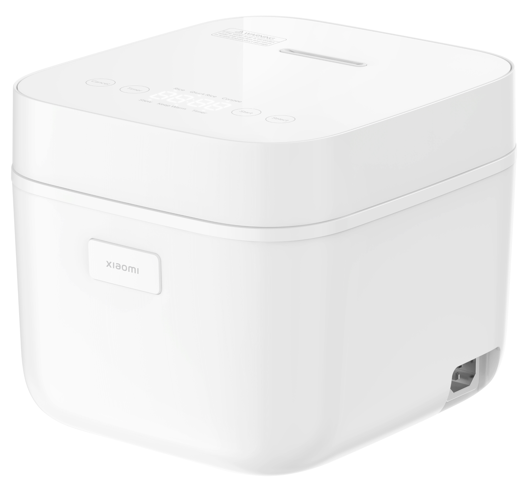 Fehér rizsfőző vezérlőpanellel. Egyszerű, szögletes kialakítású, és a Xiaomi logóval rendelkezik.