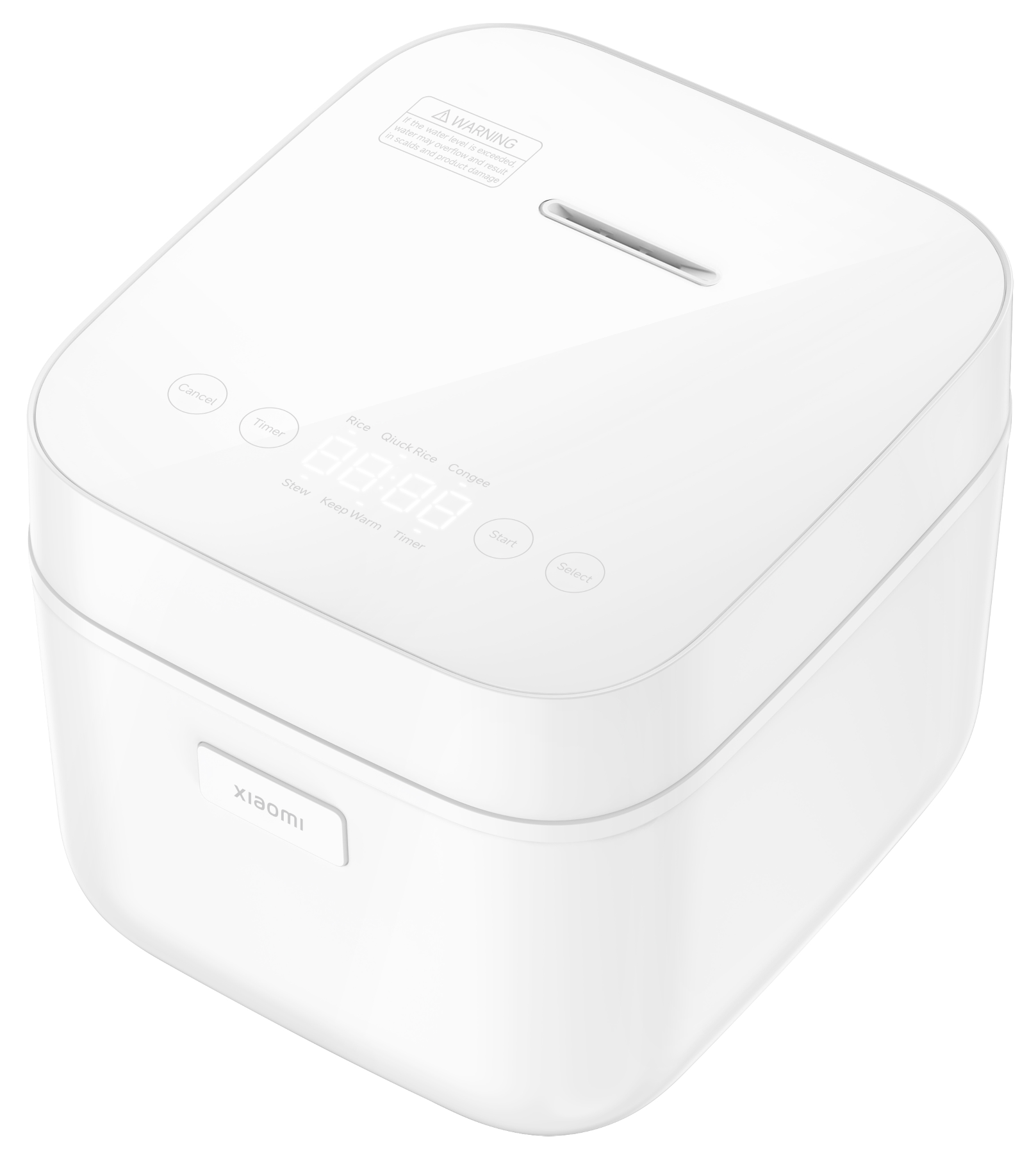 Fehér Xiaomi rizsfőző digitális kijelzővel és több vezérlőgombbal.