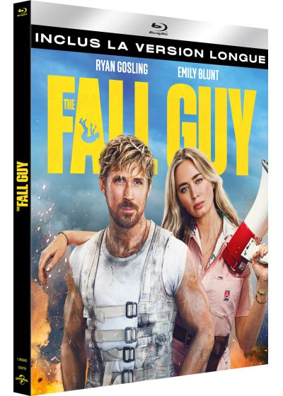 DVD-hoes van 'The Fall Guy'. Ryan Gosling en Emily Blunt staan dichtbij. Blauwe achtergrond.