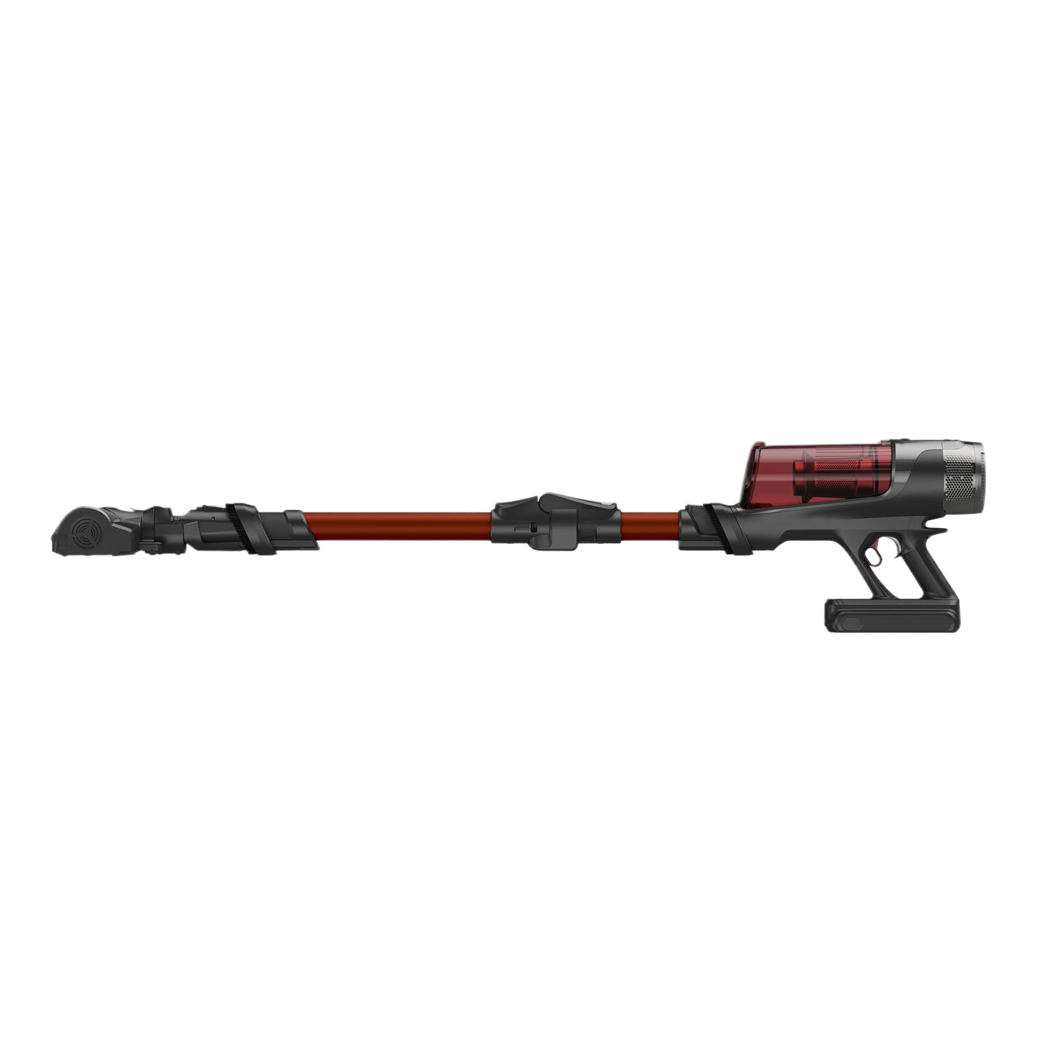 Black and red cordless vacuum cleaner.  It has a long handle and a transparent dust container.