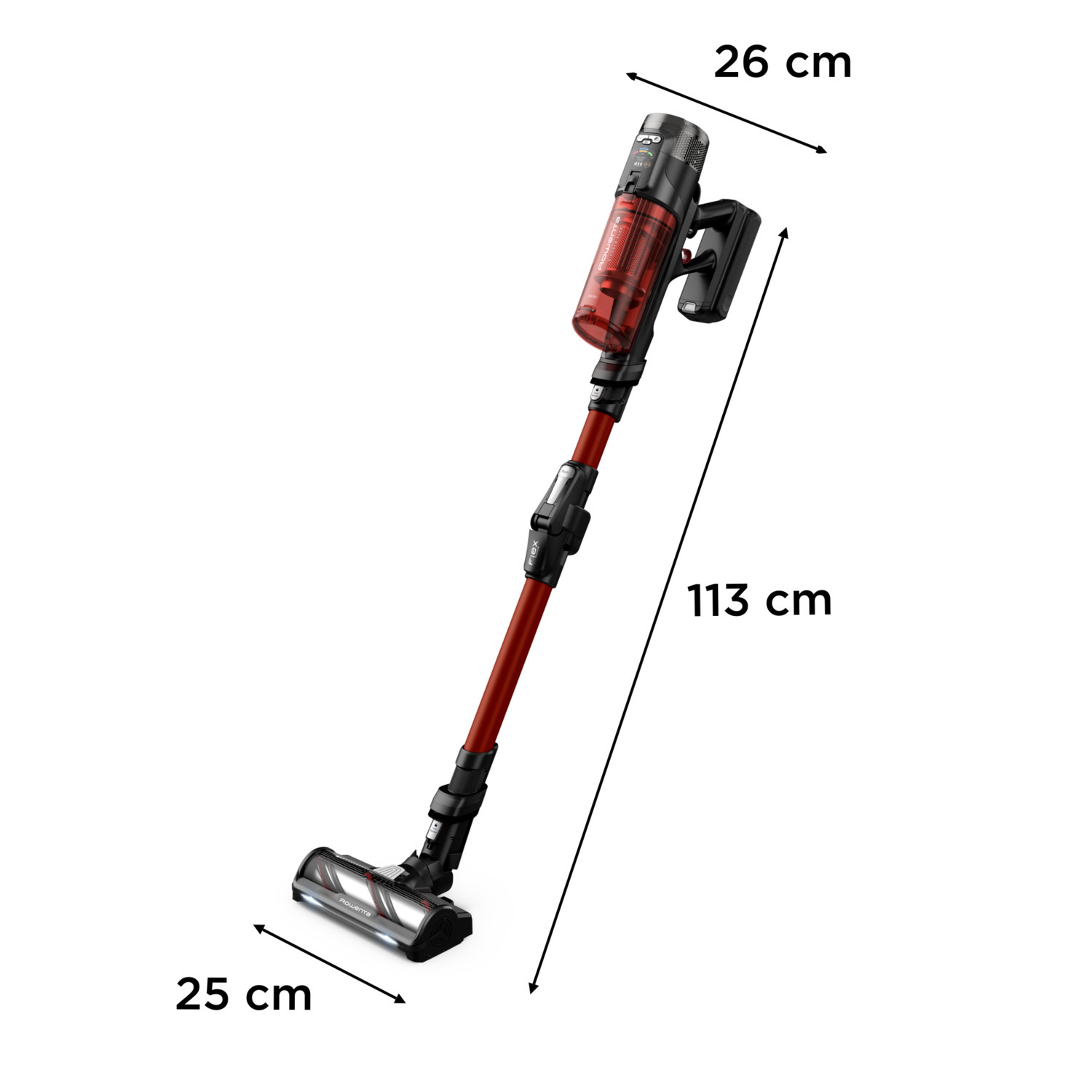 Red and black vacuum cleaner with dimensions labeled: 25cm, 26cm, and 113cm.