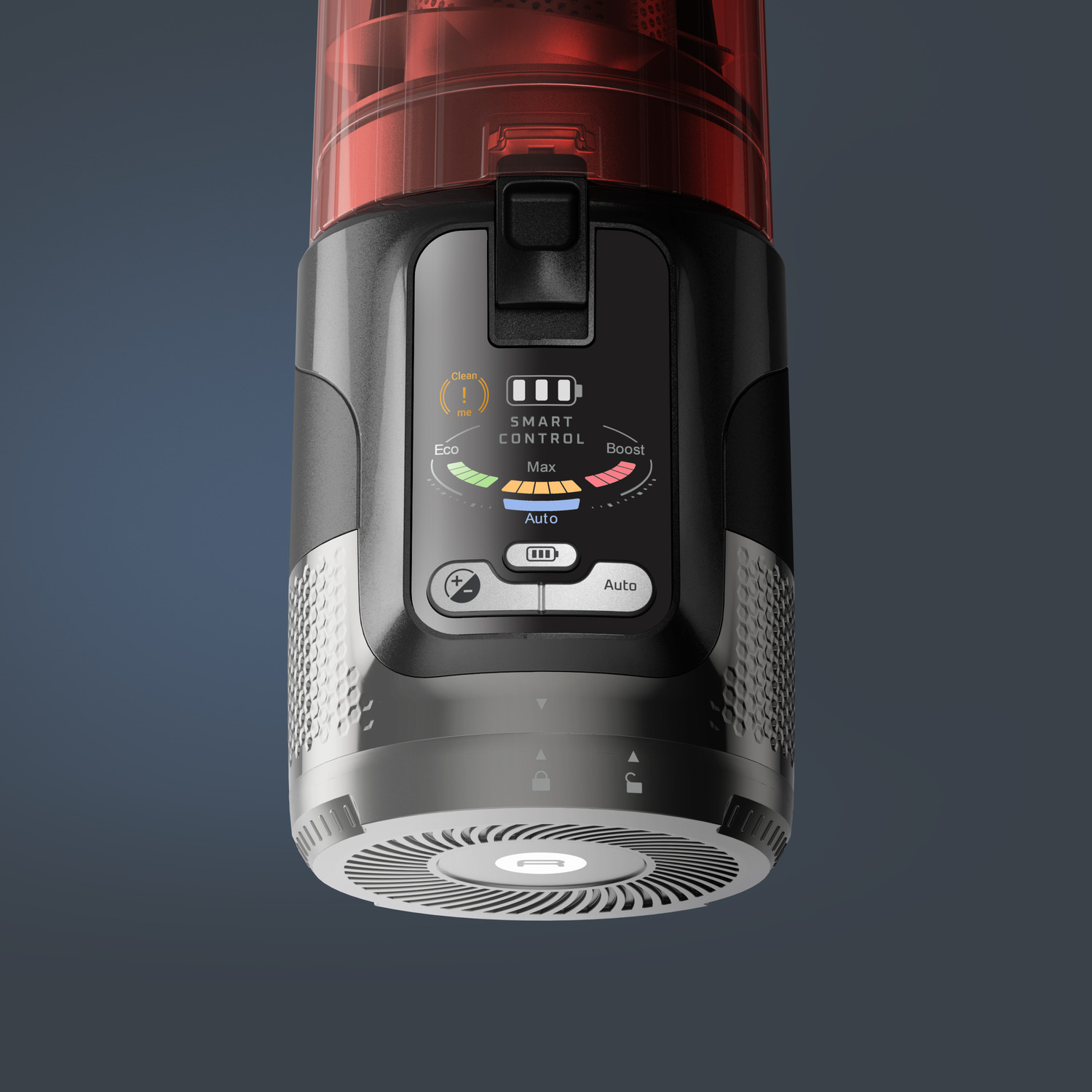 Close-up of a vacuum cleaner with a display panel.