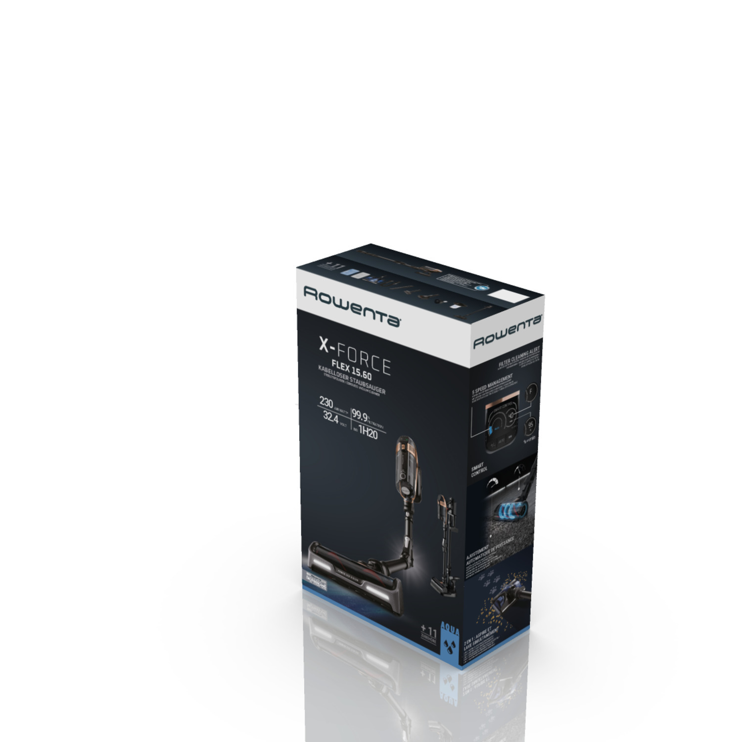 Rowenta X-Force Flex 15.60 stofzuigerdoos, met productdetails.