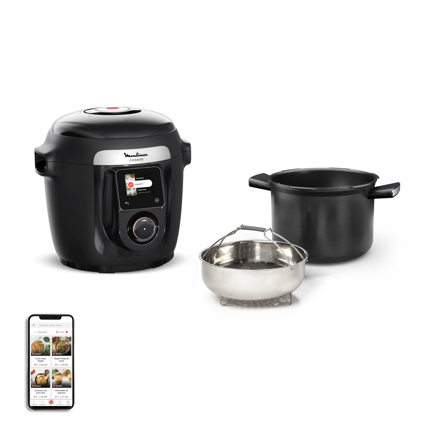 Un robot de cuisine Moulinex noir avec une marmite noire et un cuiseur vapeur argenté.