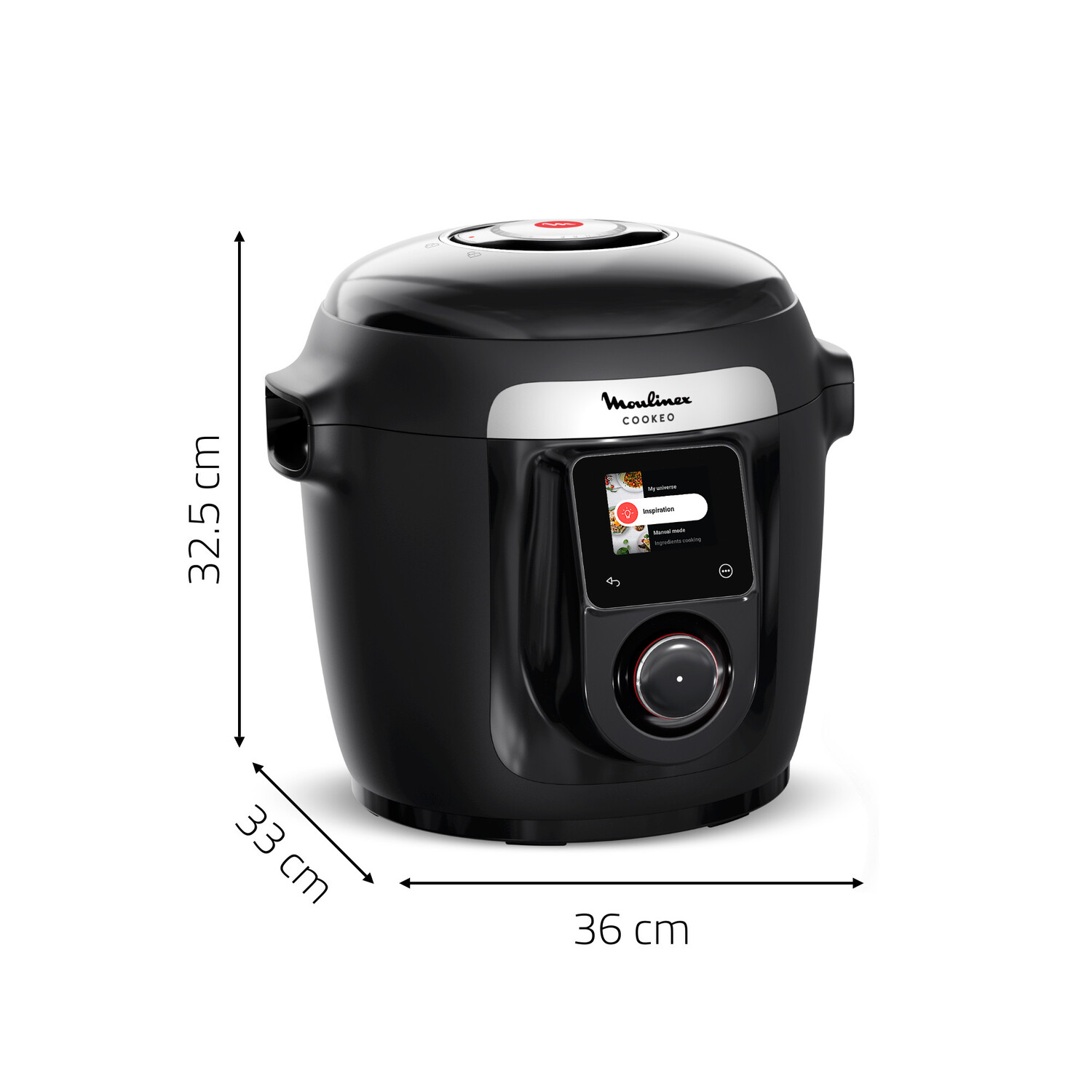 Un multicuiseur Moulinex Cookeo noir avec dimensions indiquées en cm.