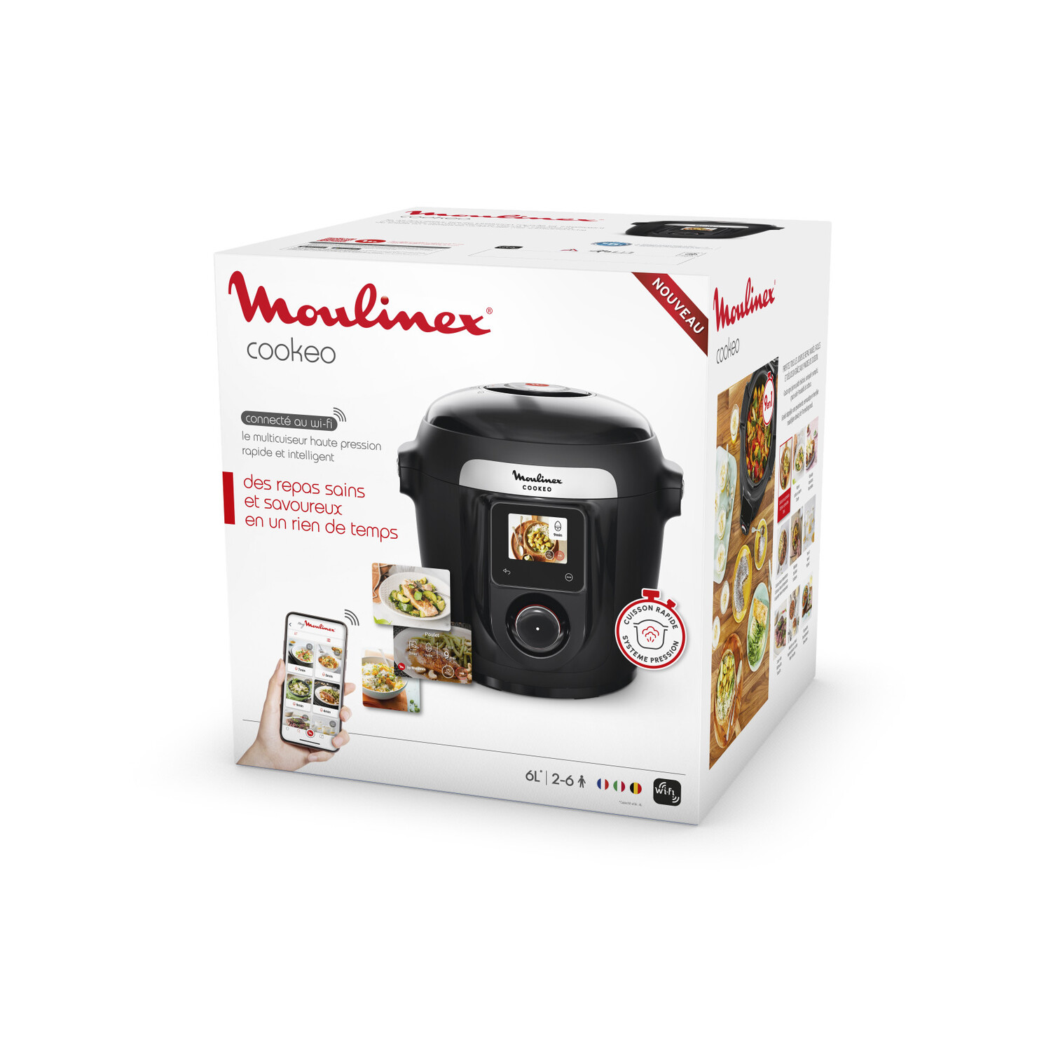 Boîte de Moulinex Cookeo. Montre le produit et des repas. Boîte noire et blanche.